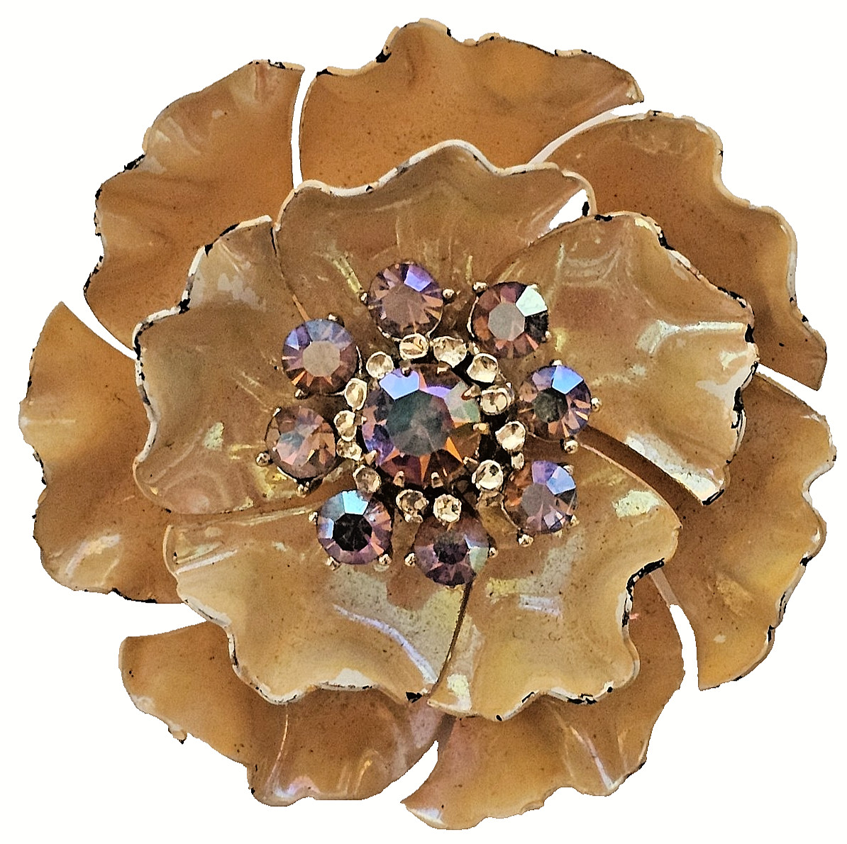 VTG Coro Yellow Poppy Flower Brooch 22 AB Rhinestones Glazed Enamel 2″ Retro MCM