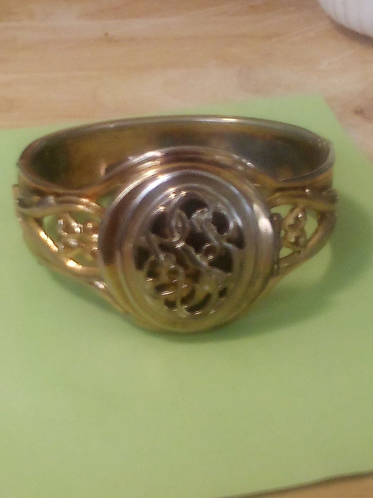 Stellar vintage gold-filled ornate filigree cuff hinge open locket bracelet