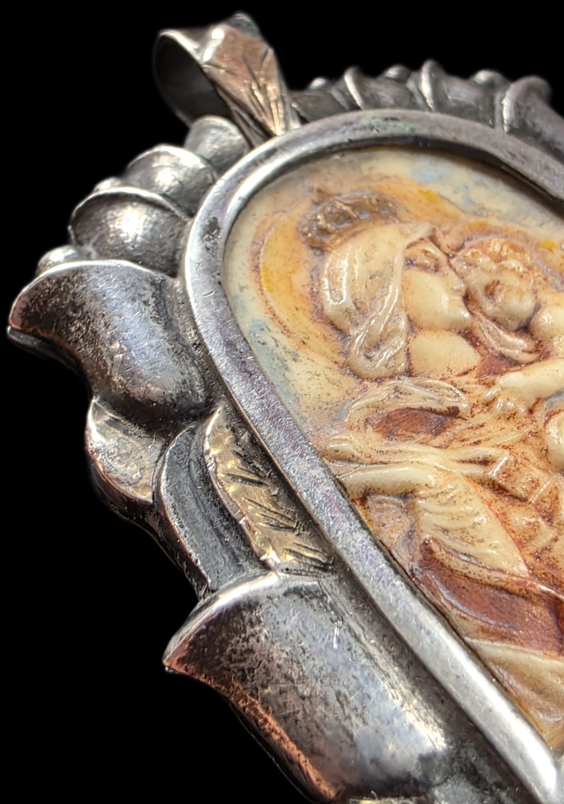 Fine Antique Art Nouveau Silver Gold Madonna Virgin Mary and Jesus Pendant C1900