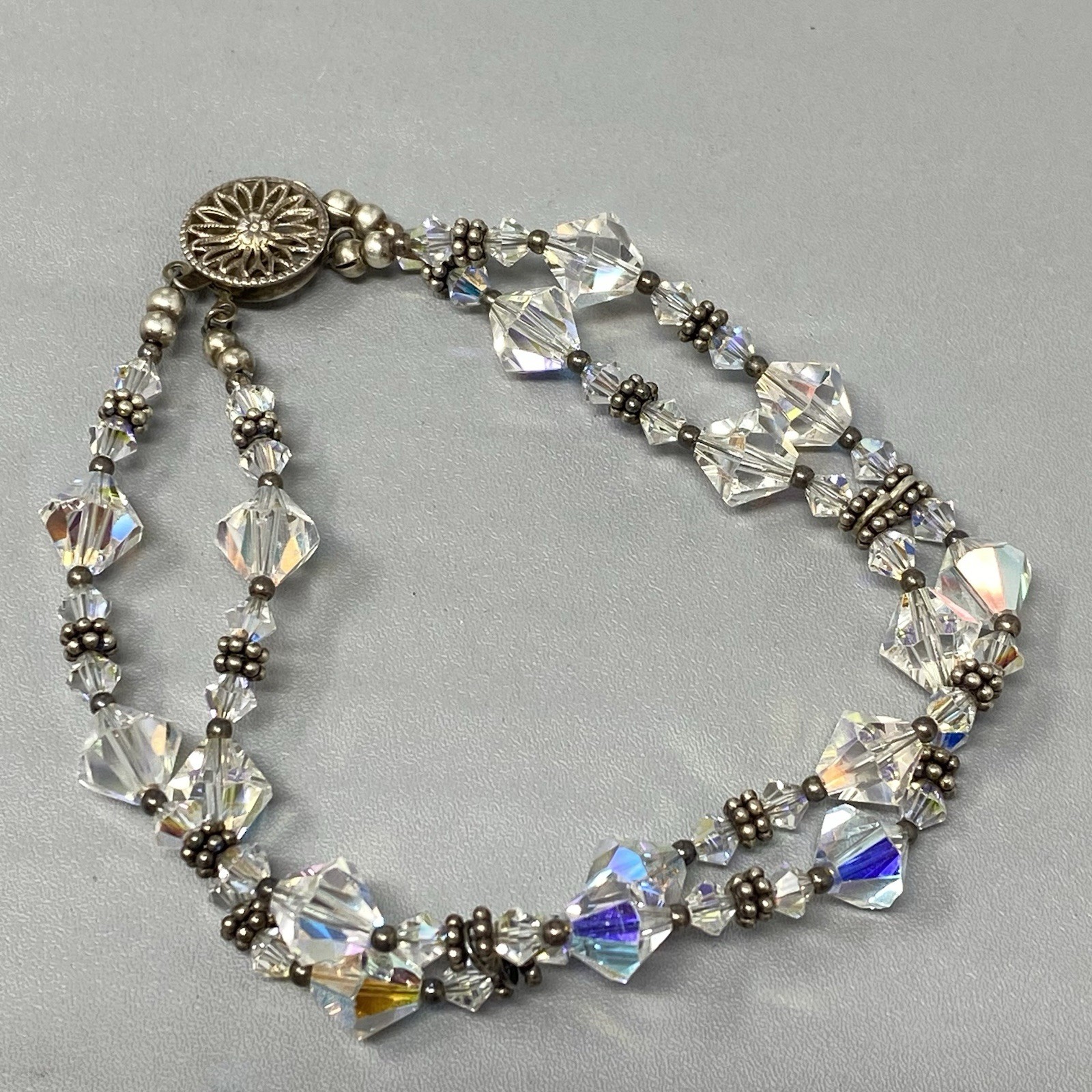 Aurora Borealis Glass Bead Bracelet Bicone Faceted Double Strand Tennis 7.5″