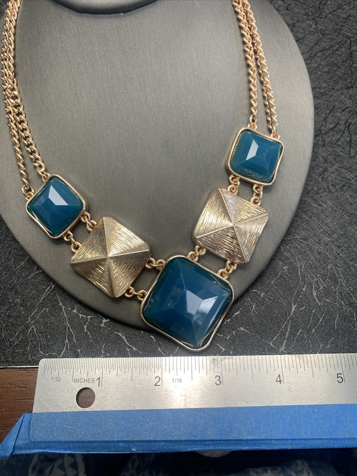 Vintage Teal Blue, Golden Chain, Bib Statement Necklace 18”