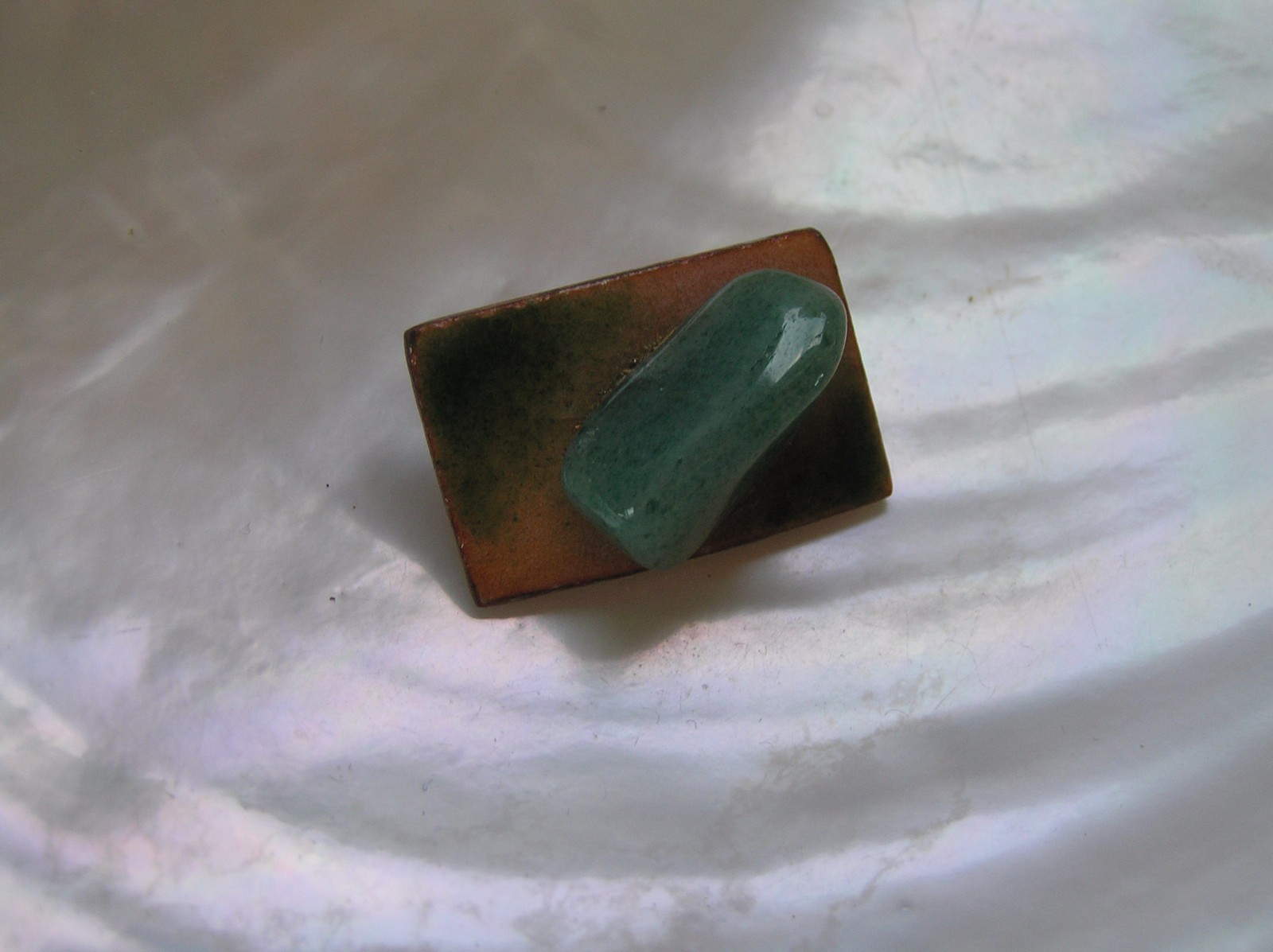 Vintage Handmade Small Orangish Brown & Green Enamel Copper Rectangle with Stone