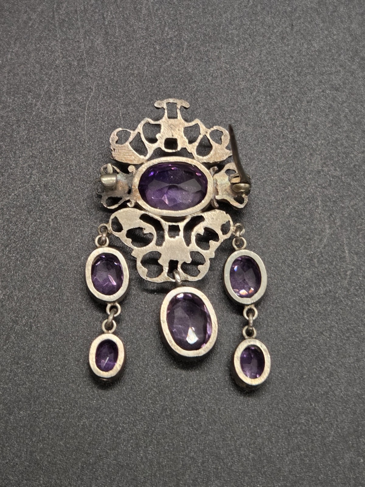 Antique Victorian Sterling Silver Purple Amethyst Dangle Brooch Festoon Pin OOAK
