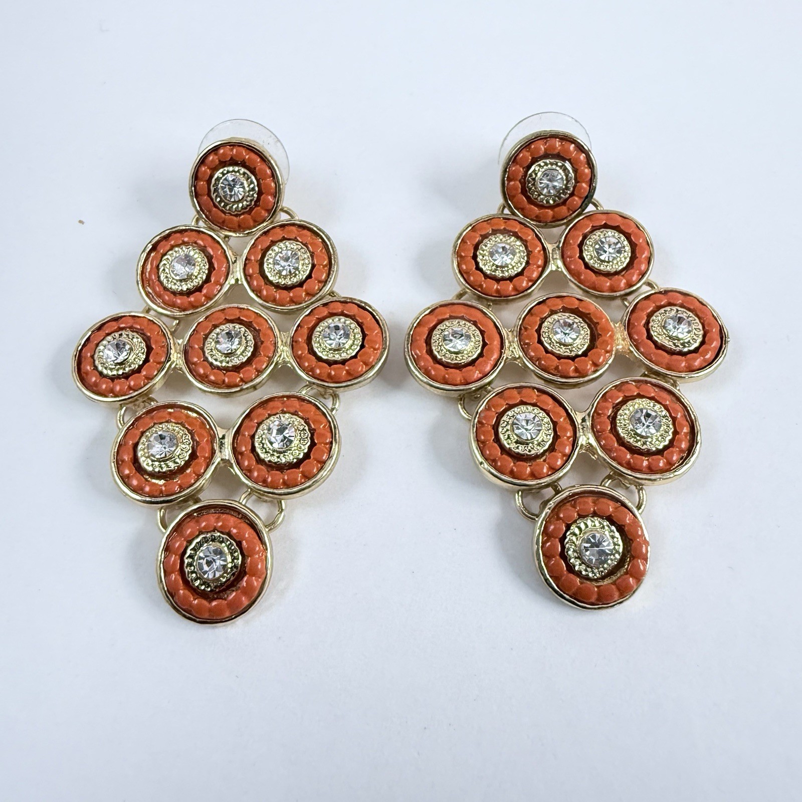 Vintage 90s to More Modern Rhinestone & Orange Circle Gold Tone Pierced Earrings