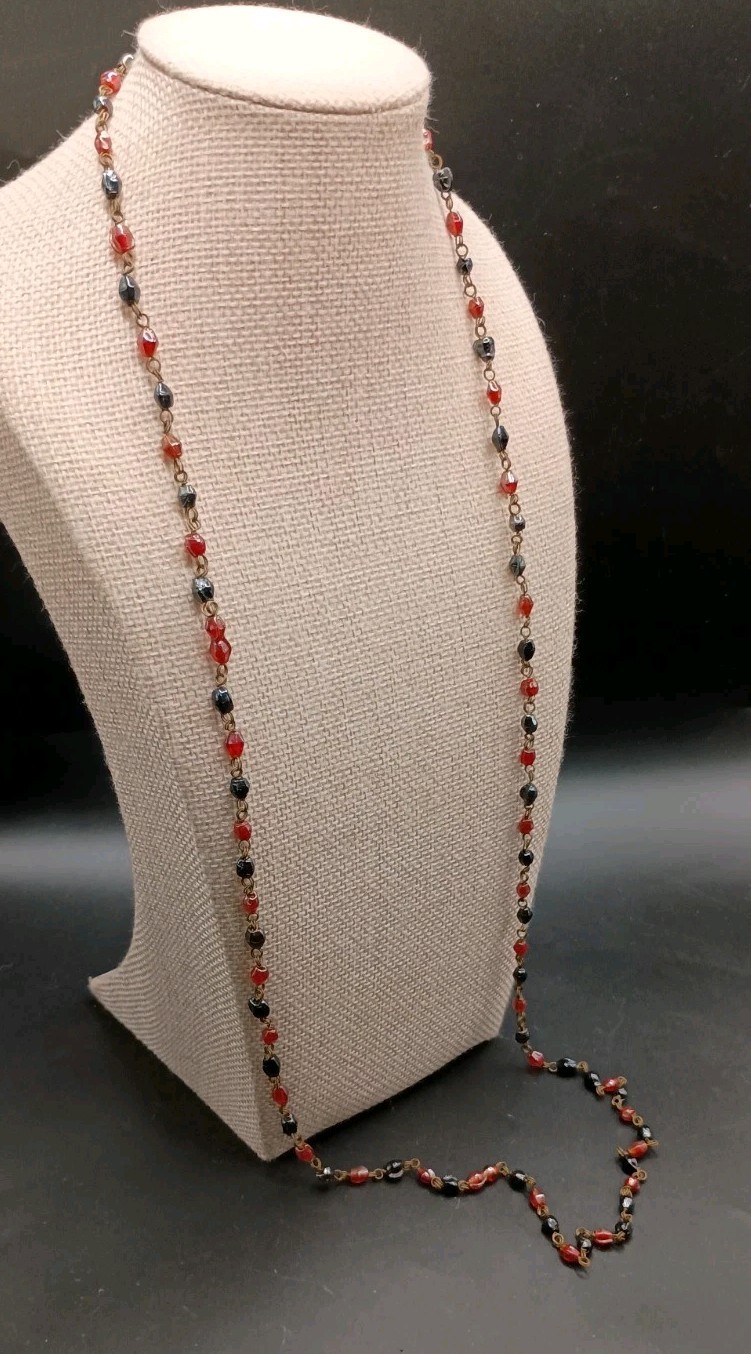 Vintage Czech Glass Beaded Necklace AB Red Black Petite Beads Dainty 36″