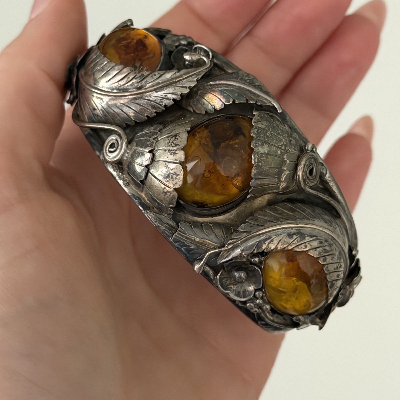 Vintage Sterling Silver Big Chunky Amber Leaf Southwest Cuff Bracelet Heavy