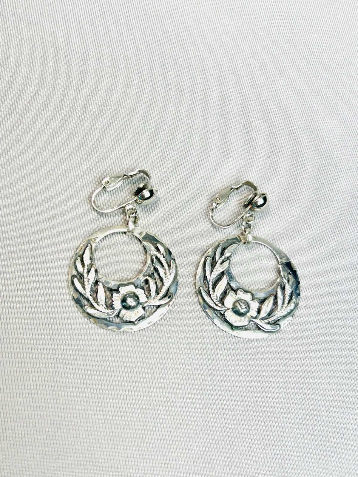 Sterling Silver Plata 925 Joy Mex Pair Of Large Floral Clip On Earrings