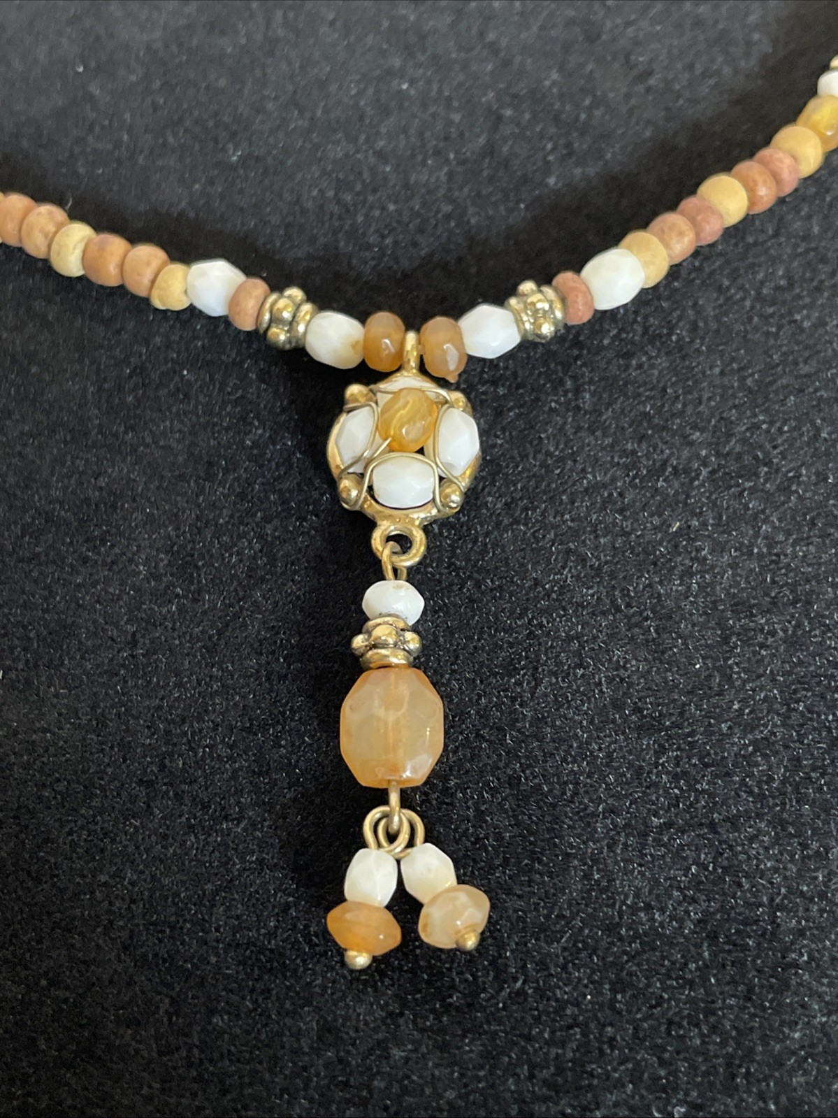 Wood Amber Resin White Beaded Lariat Choker Necklace 17 inches Hanging Pendant