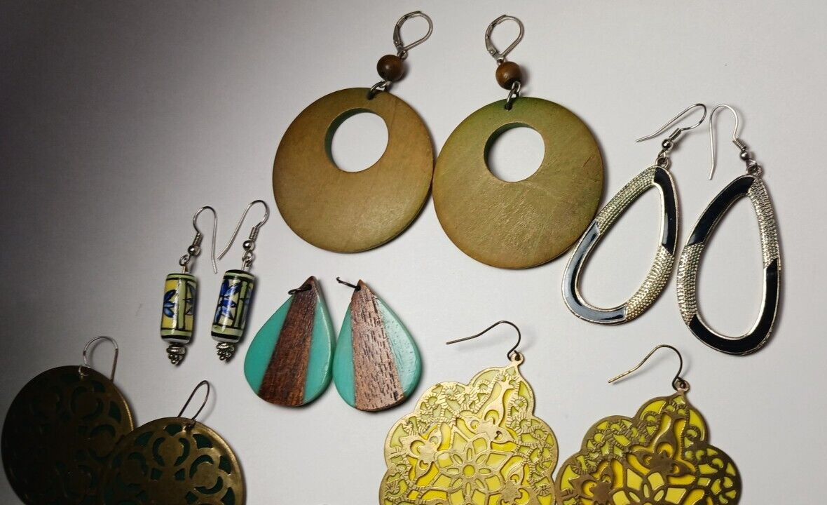 Lot of 8 Pairs Earrings + Crafts Vintage Pierced Wire Hooks Boho Wood Ceramic