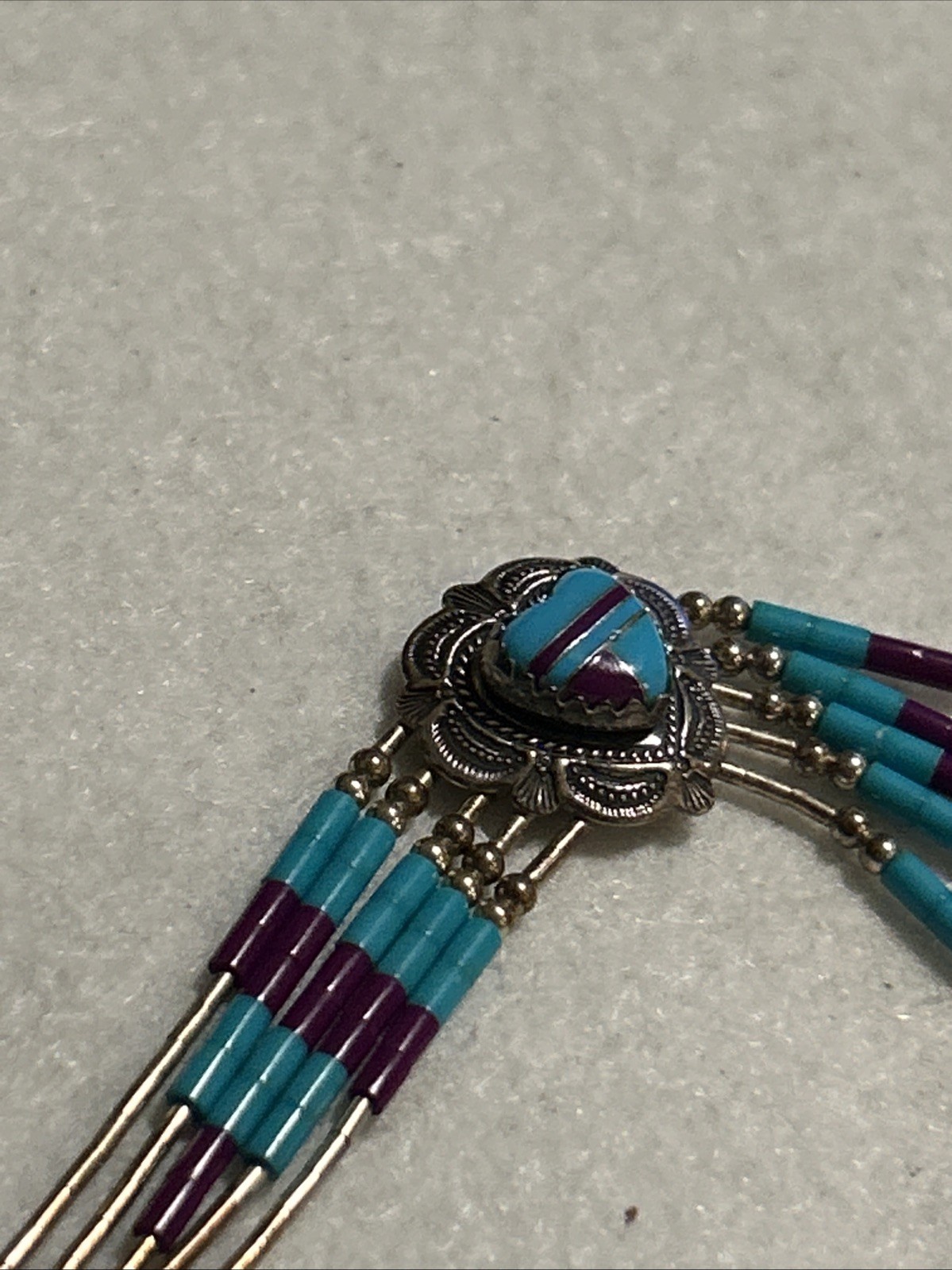 Vintage Sterling Silver Purple & Blue Turquoise Heart Inlay 925 QT Bracelet 🩵