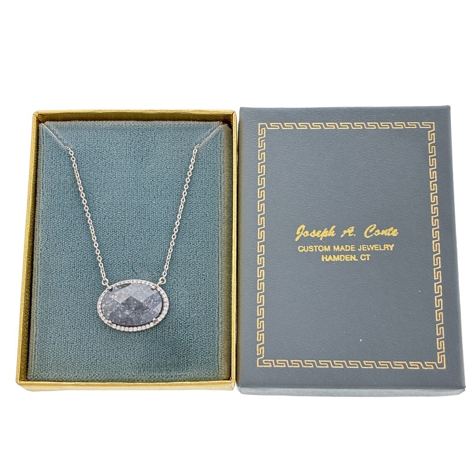 Joseph A Conte Sterling Silver White Crystal Blue Glass Halo Necklace 15″-17″