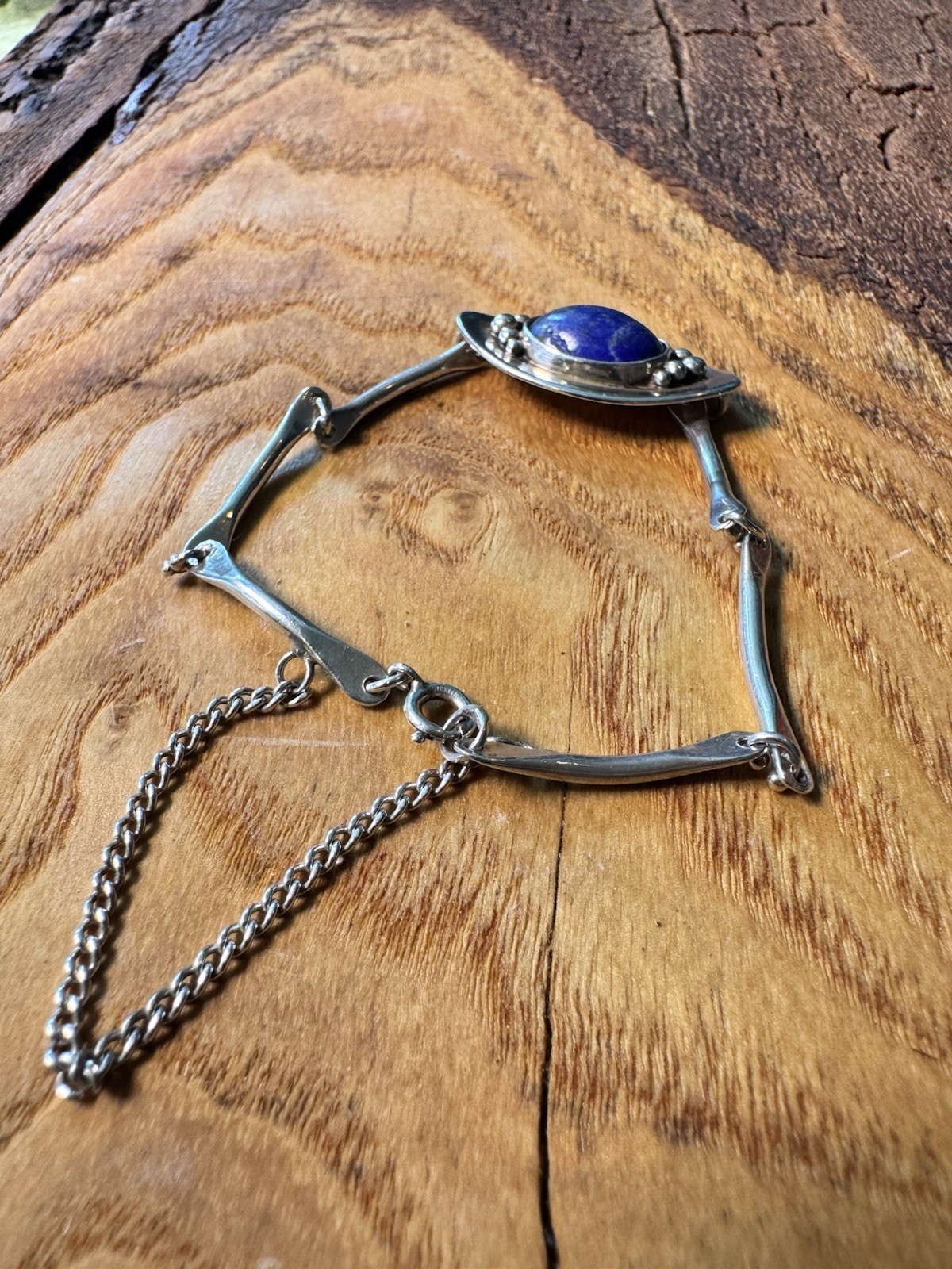 Vintage Sterling Silver Lapis Lazuli Bracelet Modernist Mid Century Safety Chain
