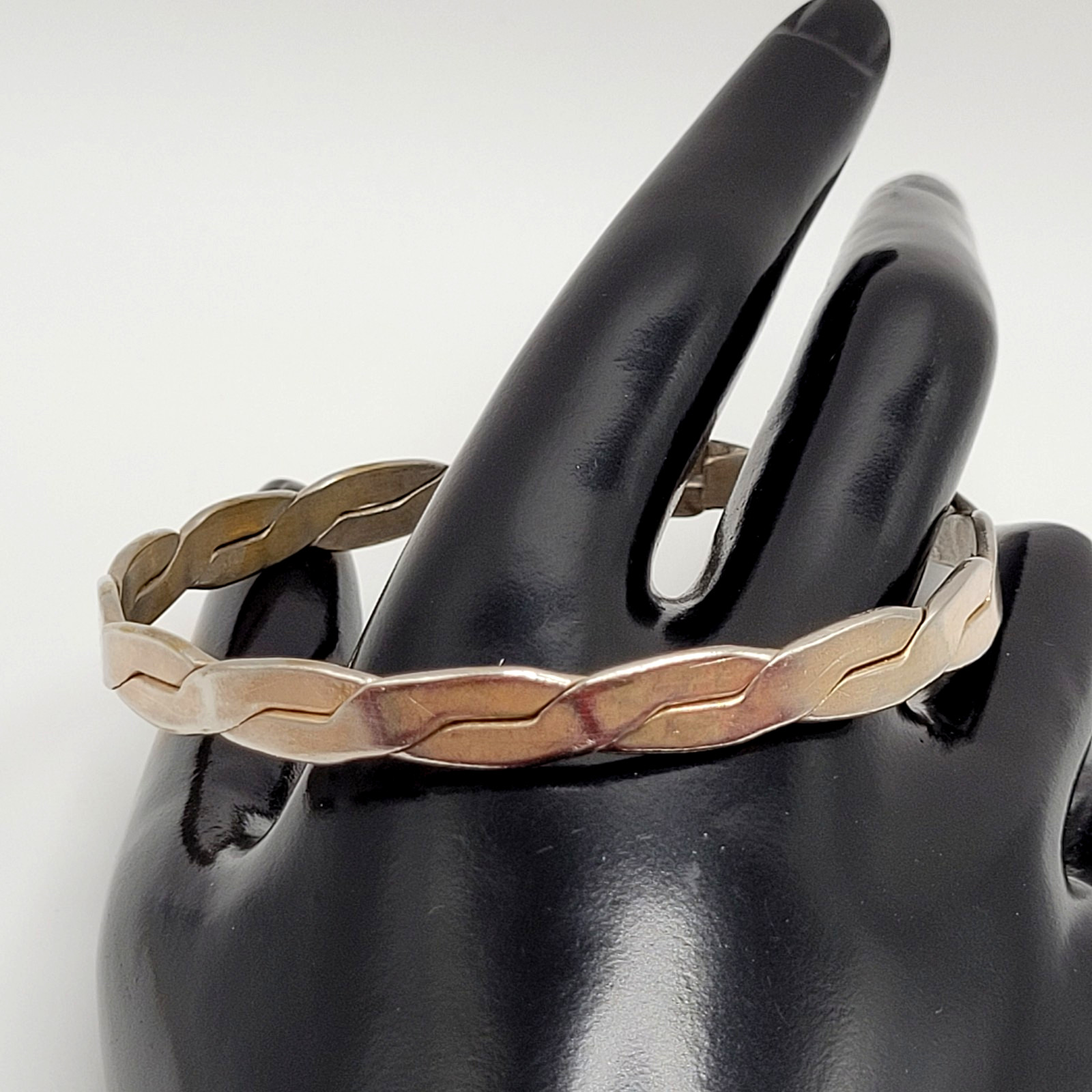 Vintage Mexico Metal Flat Braid Worn Silver Tone Brass Bangle Bracelet 8 Inch