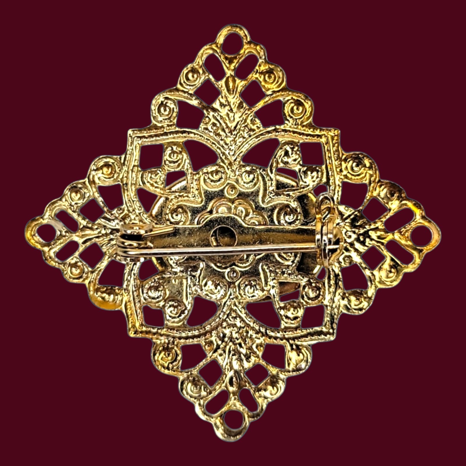 Filigree Brooch Pin Vintage Large Oval Simulated Pearl Gold Tone Diamond Shape
