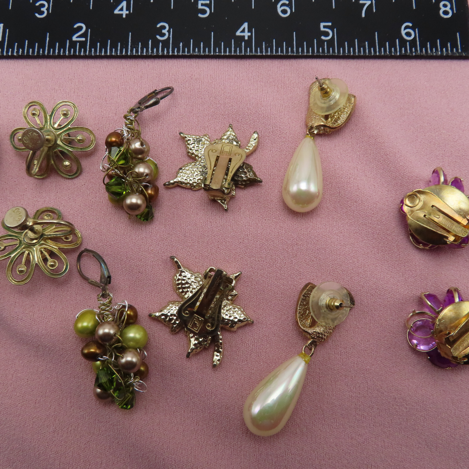 6 Pair Earrings Vintage Signed Purple Green Rhinestone White Leaf Pearl Lot 84c