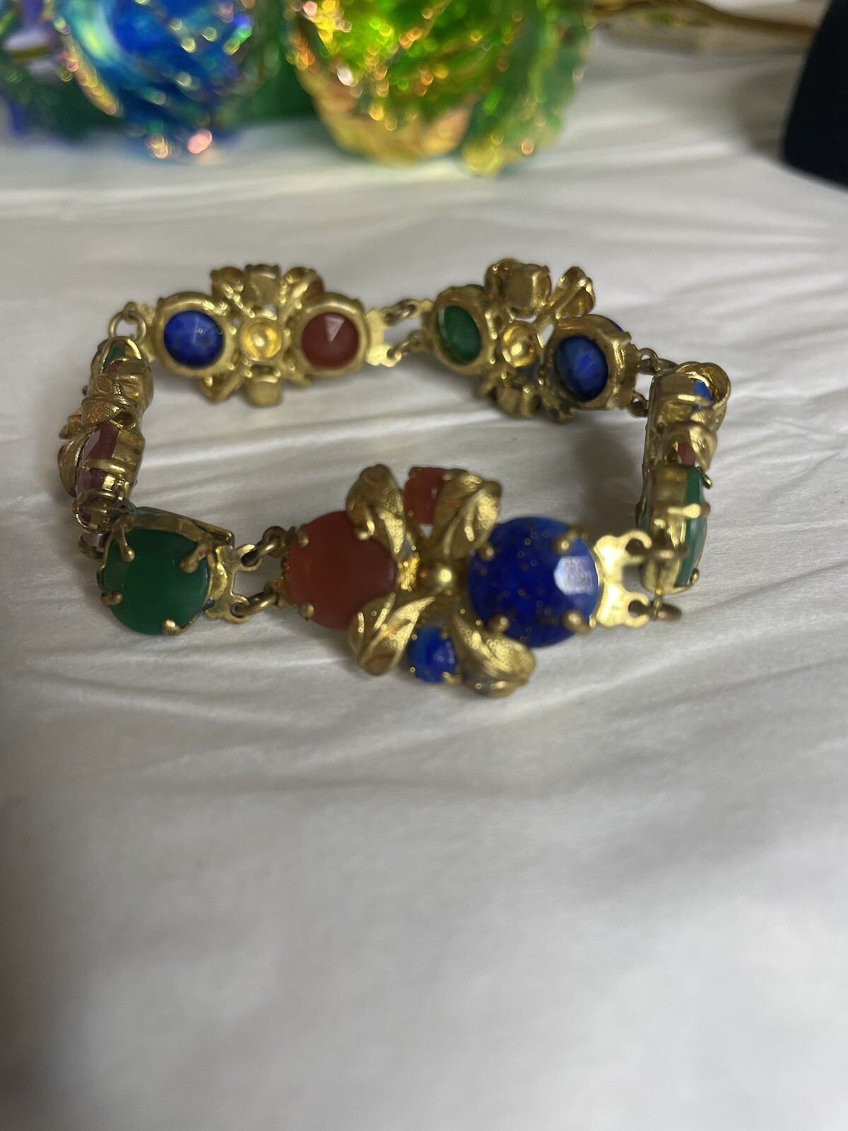 Vintage 1930’s Faceted Czech Glass- Gilt Metal Faux Gemstone SIGNED