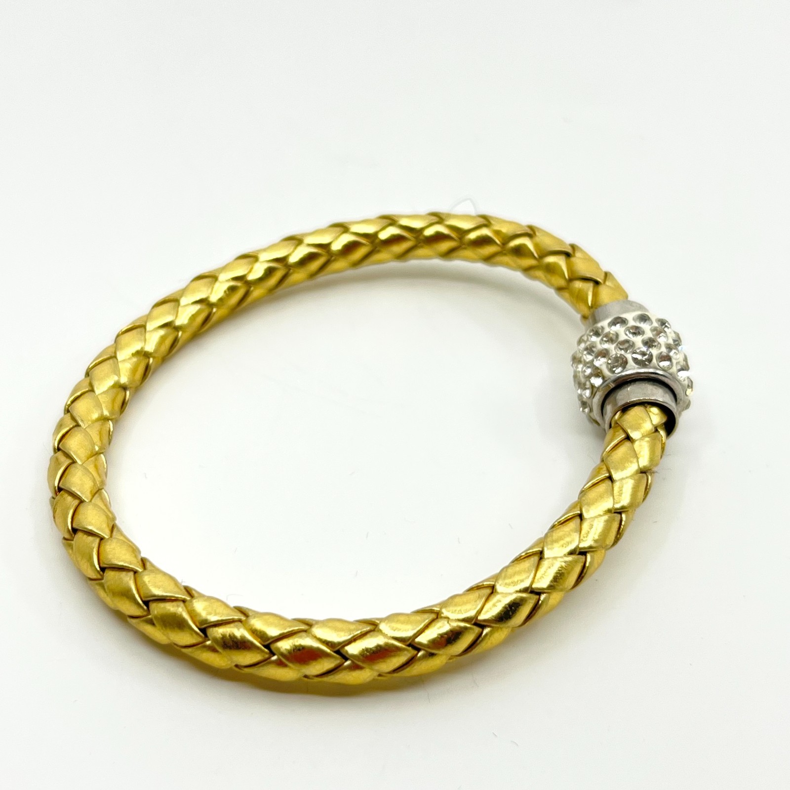 VTG Metallic Gold Tone Braided Faux Leather Bracelet Rhinestone Magnetic Clasp