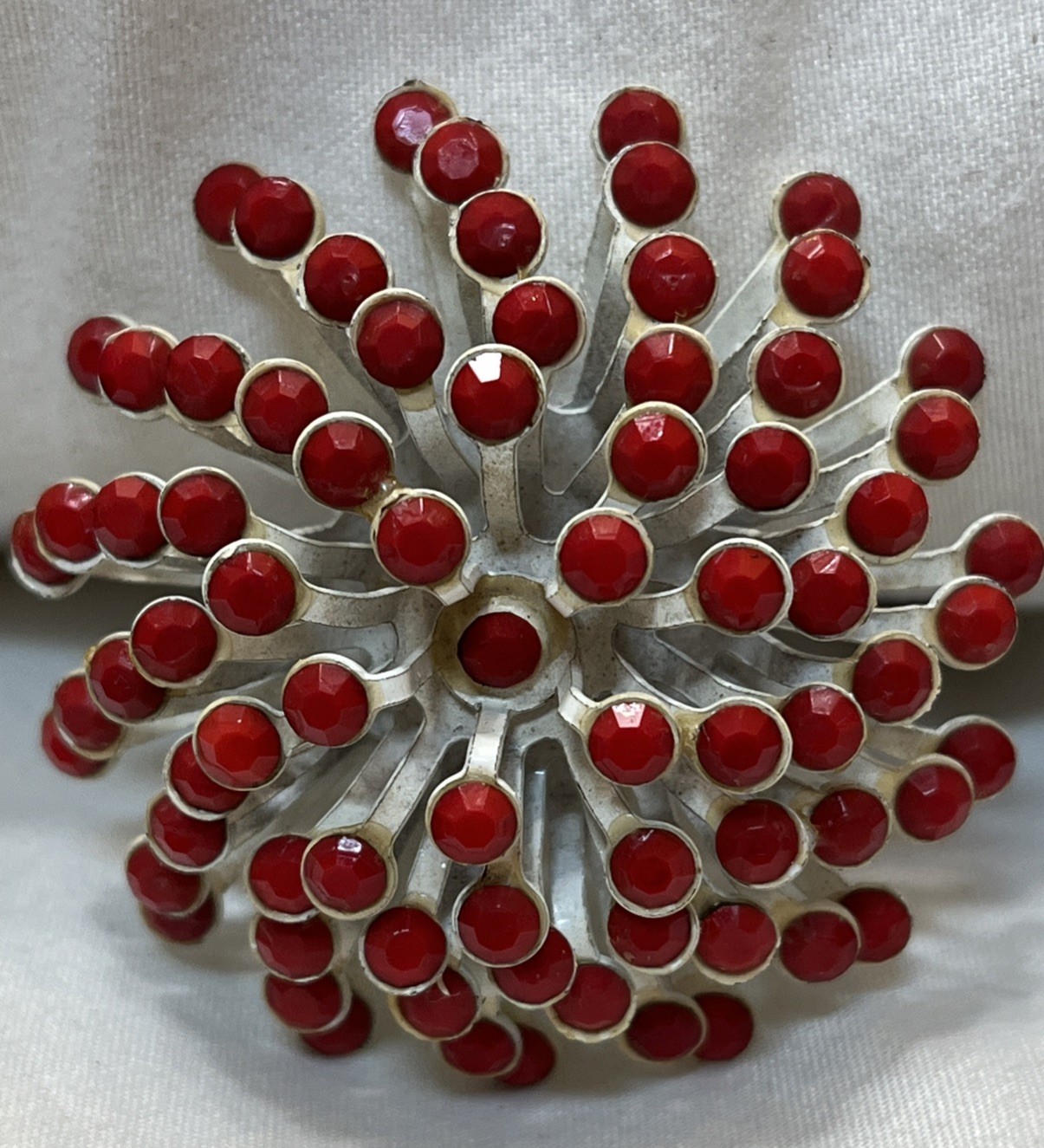 Vintage 3D Pinwheel Swirl Brooch Layered Pin Enameled White Metal With Red Beads