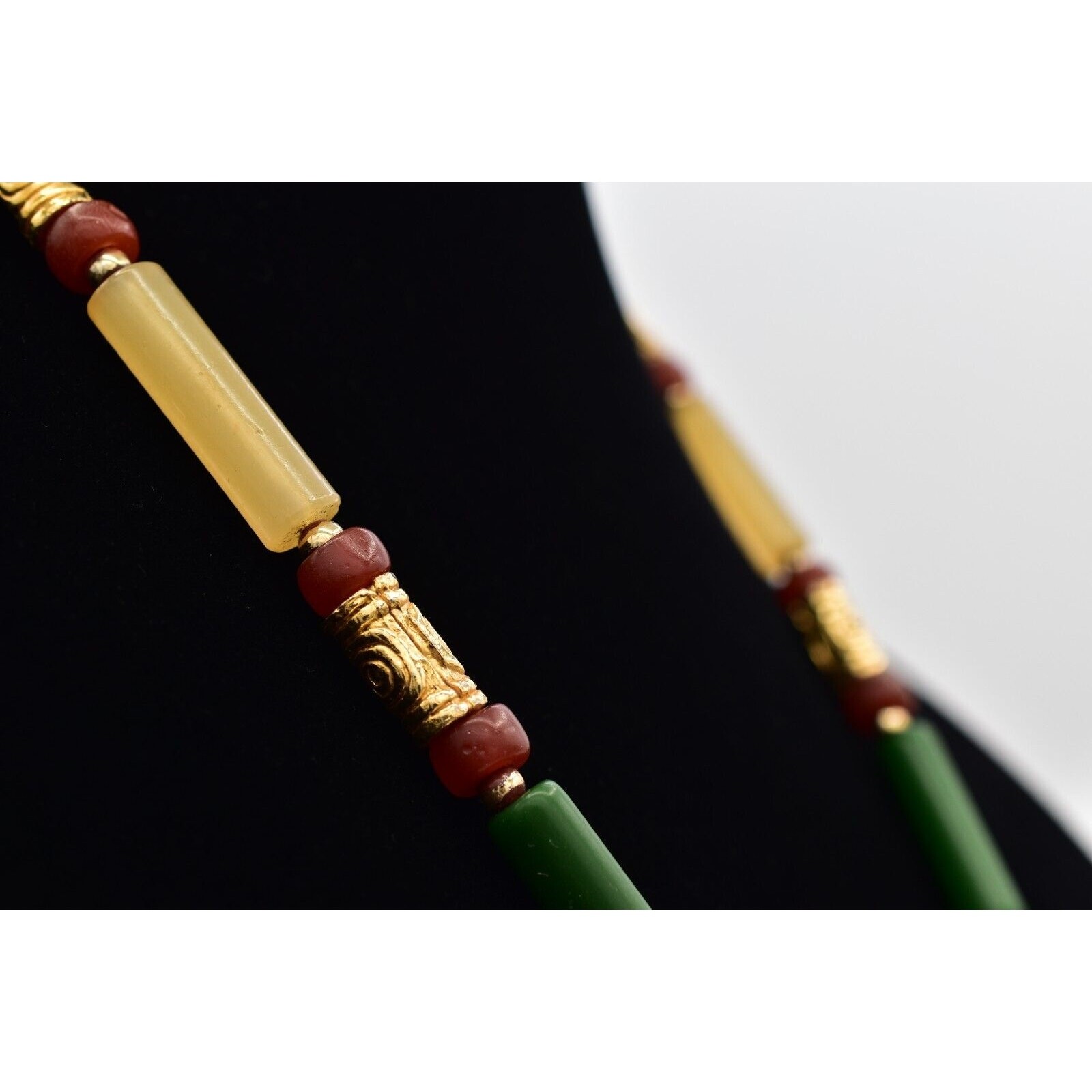 Vintage Beaded Necklace Brushed Gold Green Red Clay Tribal Chunky 1970s BinBN