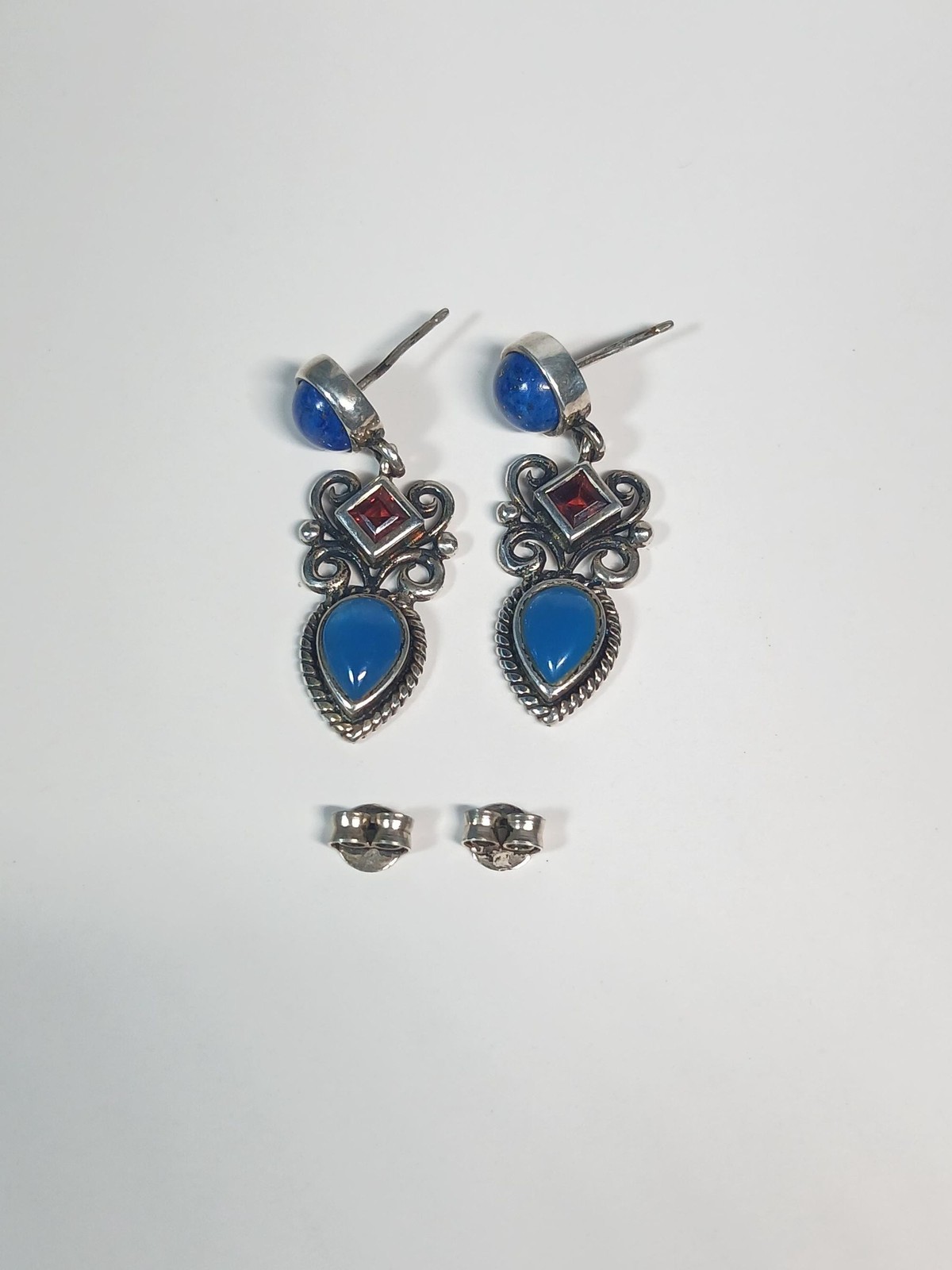 Vintage Sterling Silver 925 Thai Blue Iolite Lapis Lazuli Garnet Dangle Earrings