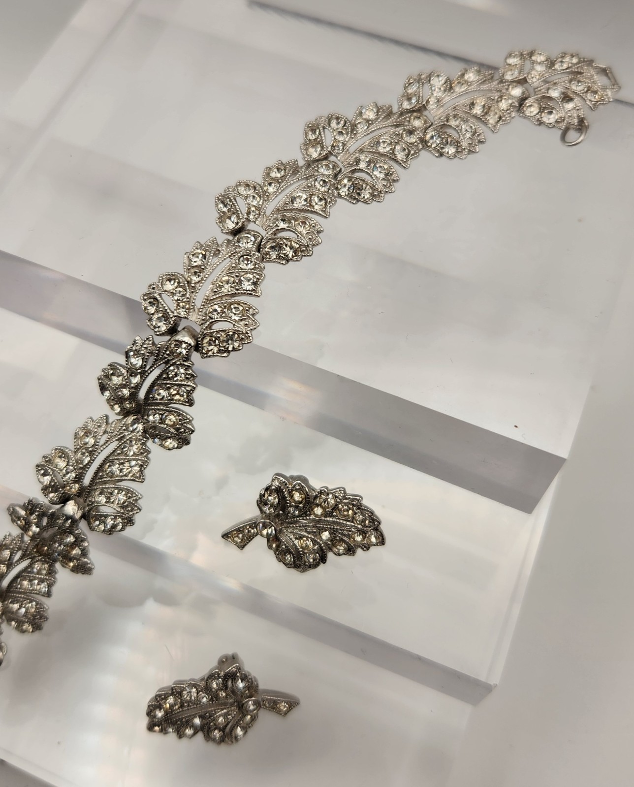 Vintage ORA Rhinestone Bracelet Clip Earrings Set Signed Silver Tone Bridal Glam