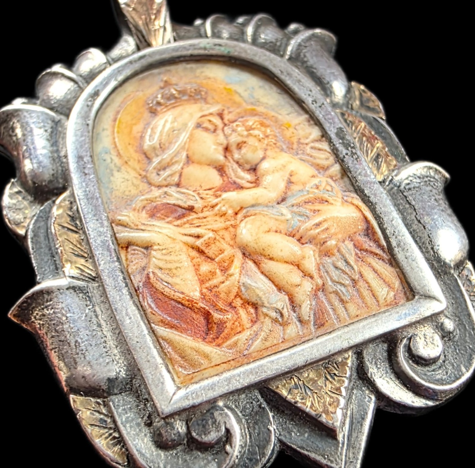 Fine Antique Art Nouveau Silver Gold Madonna Virgin Mary and Jesus Pendant C1900