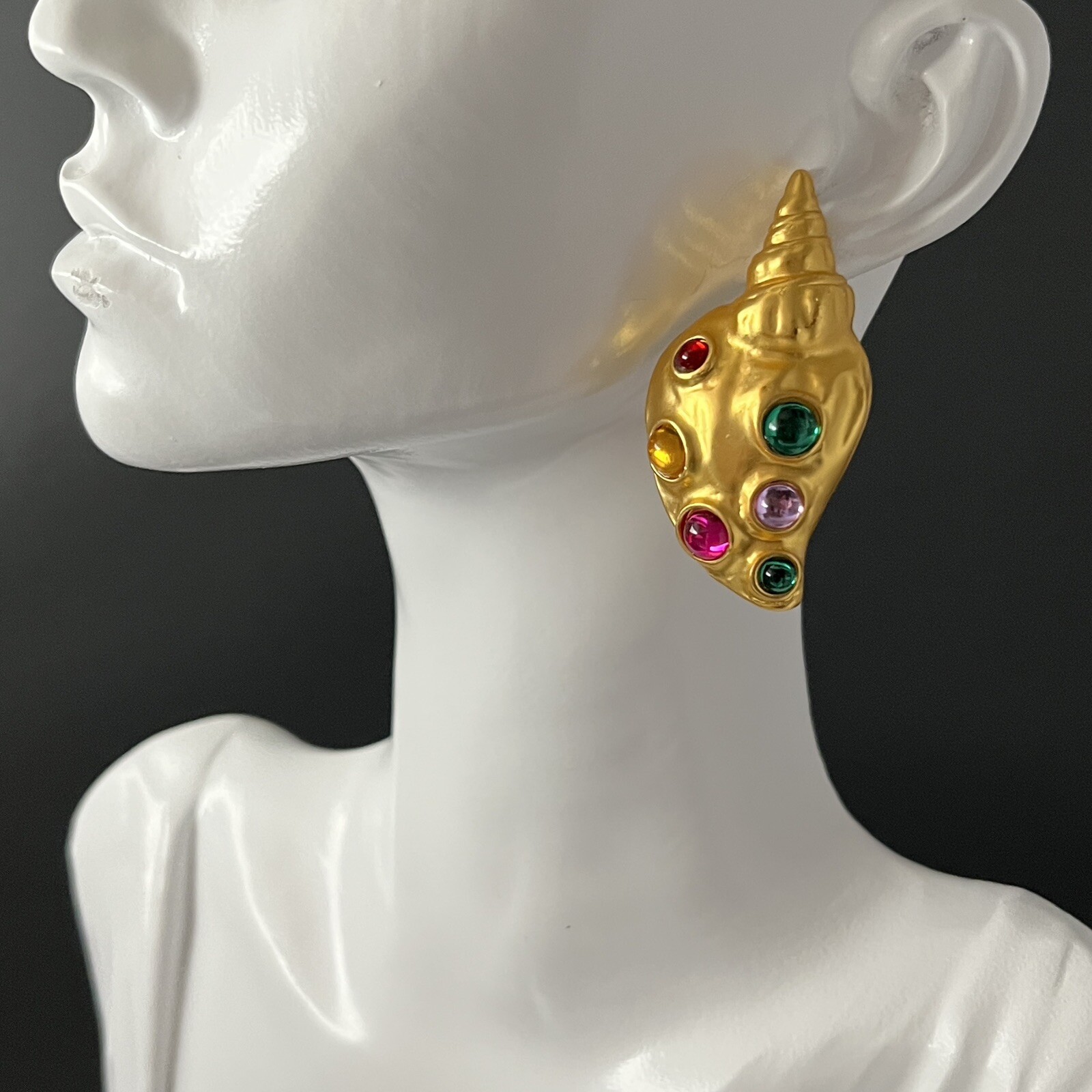 Matte Gold Seashell Conch Shell Earrings Mogul Cabochon Pierced Statement Bold