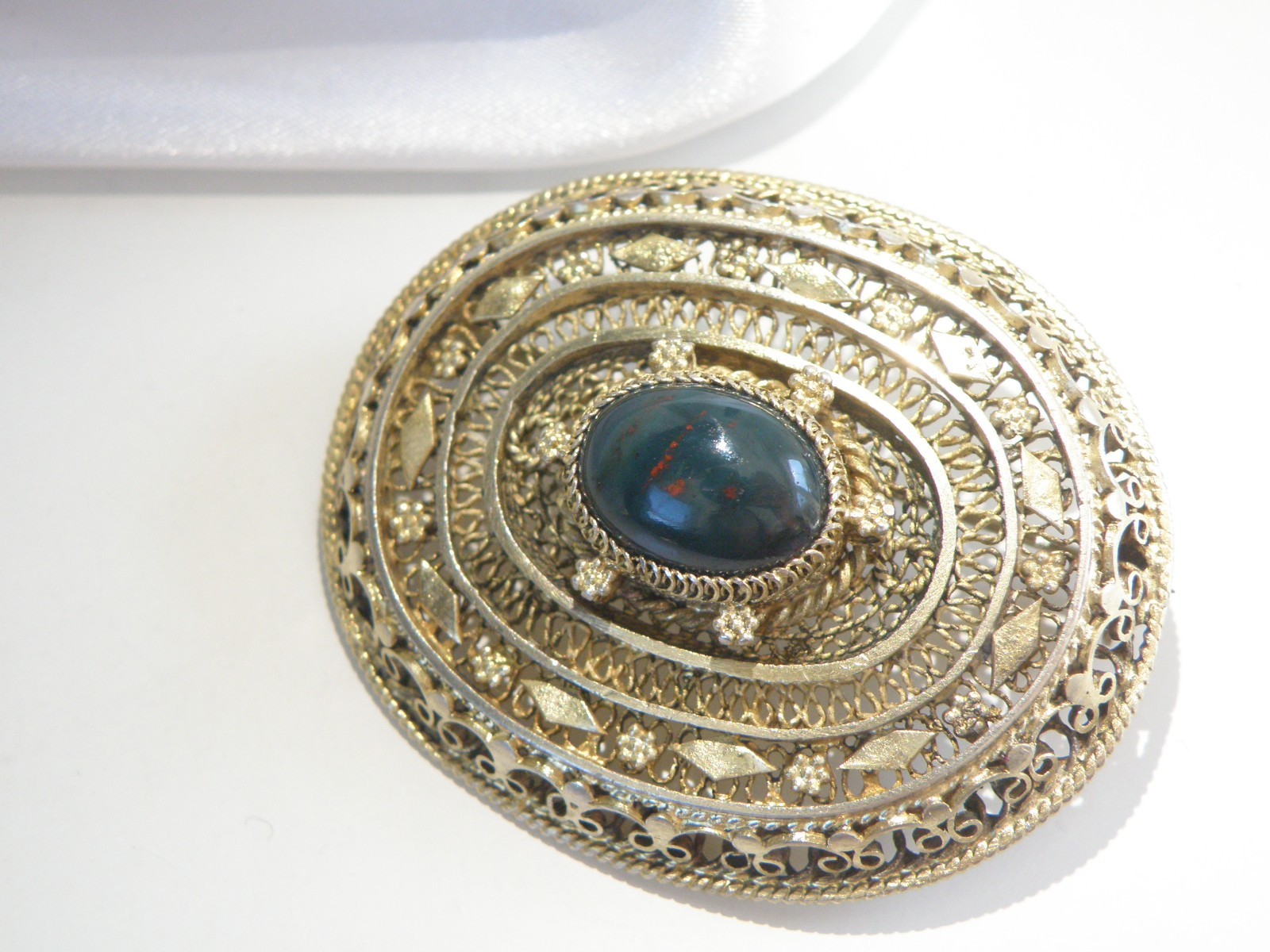 Vintage Silver Gold Plated Natura Bloodstone Large Filigree Brooch