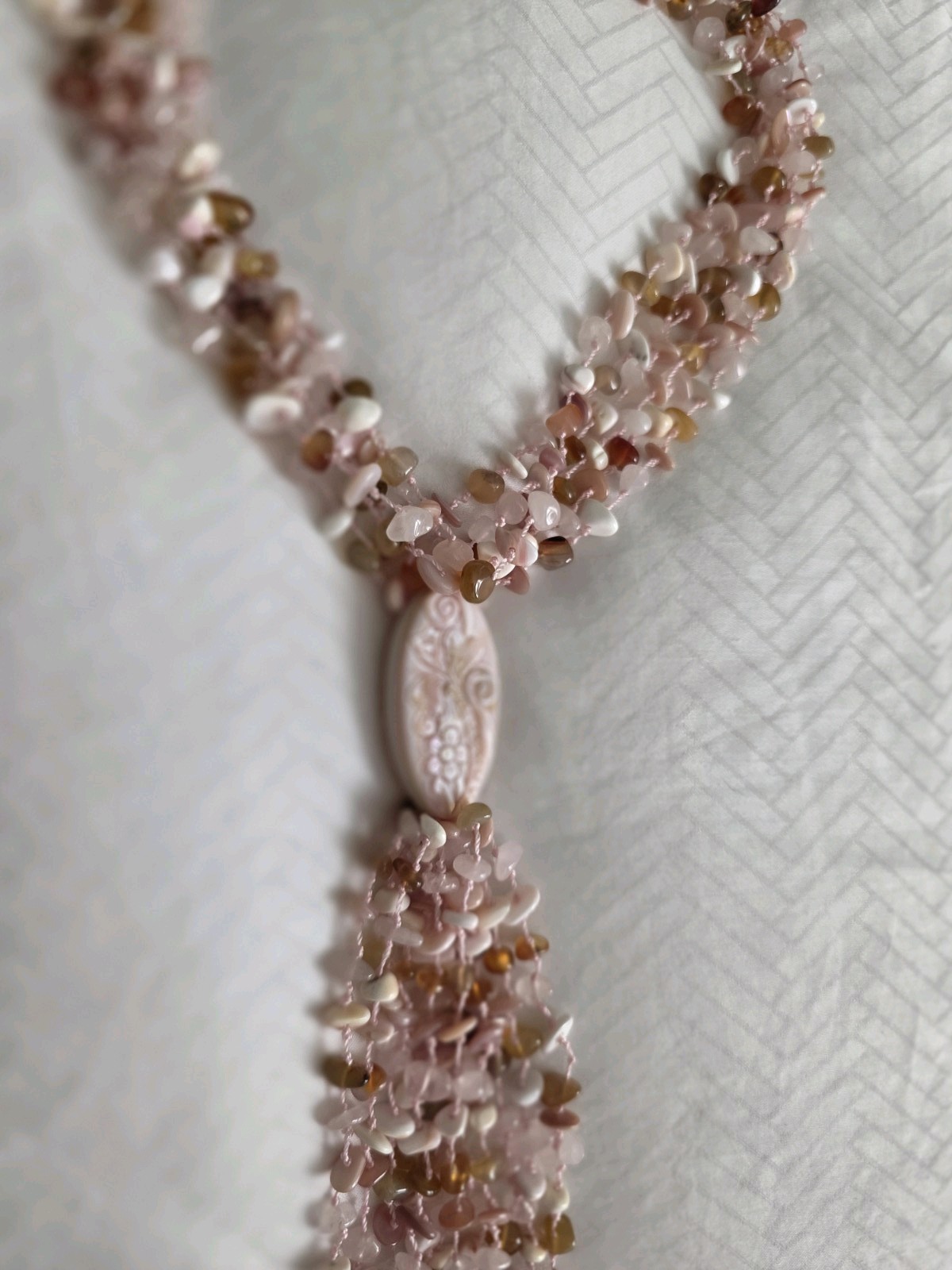 Sajen Multi Strand Gemstone Whimsical Statement Necklace Shell Rose Quartz