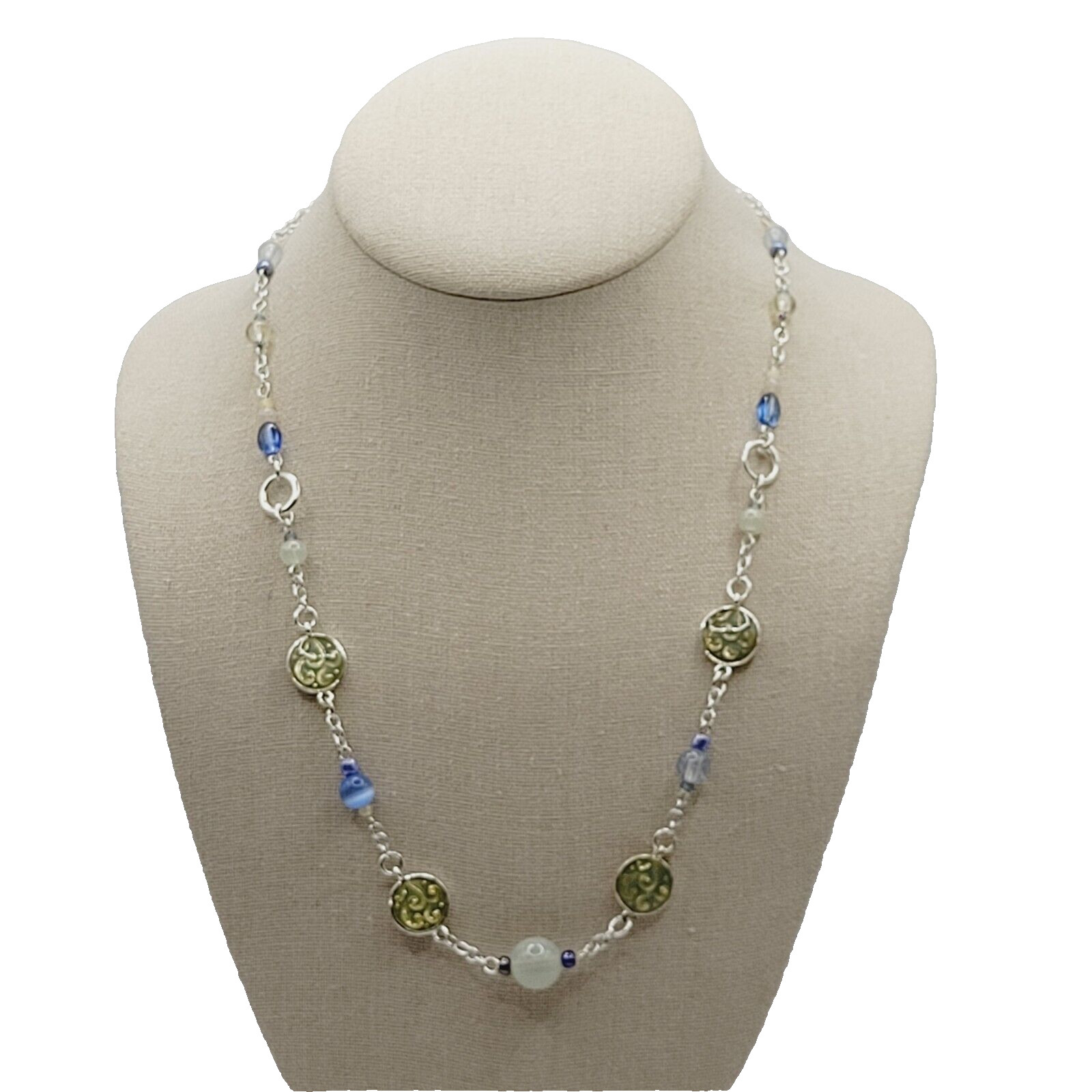 Blue & White Moonstone with Glass & Enamel Silver Tone Chain Necklace KR 24 Inch