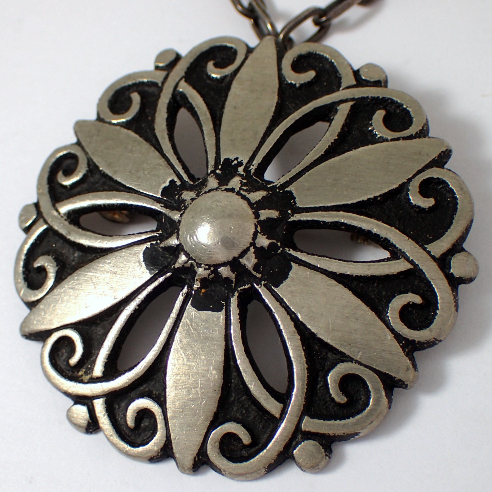 HUGE Vtg MCM Borje Tennung Sweden BT T9 Pewter Flower Brooch Pendant Necklace