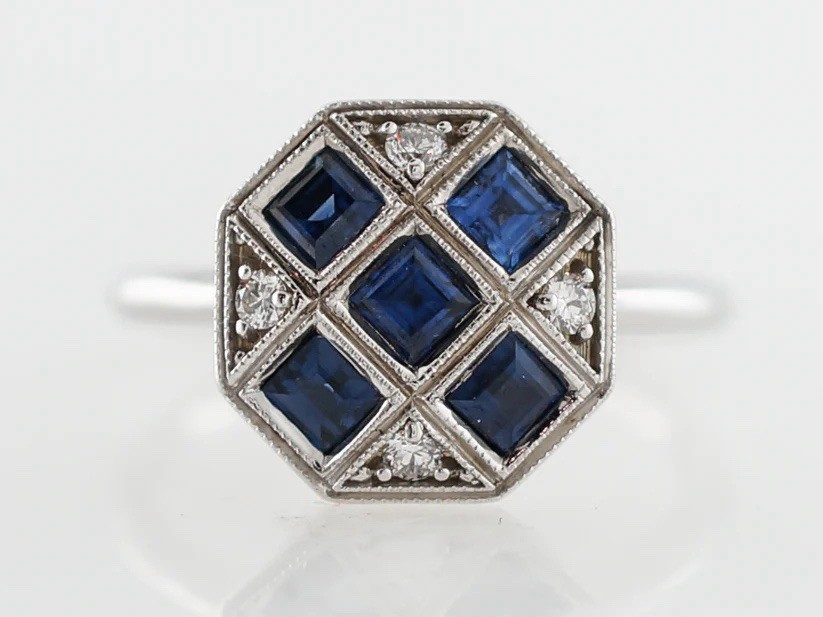 Vintage Right Hand Ring Retro 1.10 Ct Square Cut Lab Sapphire Diamond in Silver