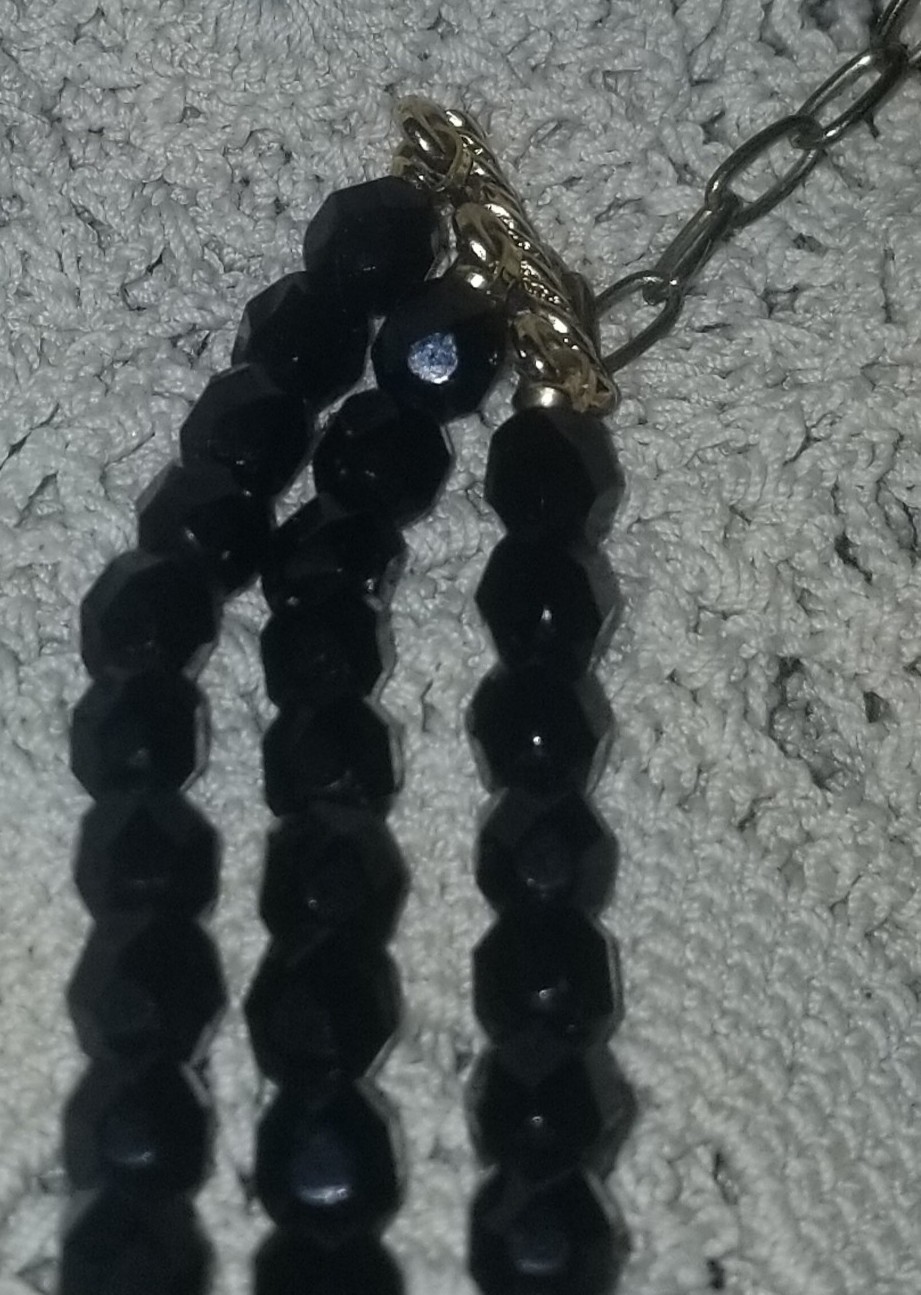 Cameo Necklace, Antique Jet Black Glass,3 Strand Choker, 16 1/2 inch, Gold Tone