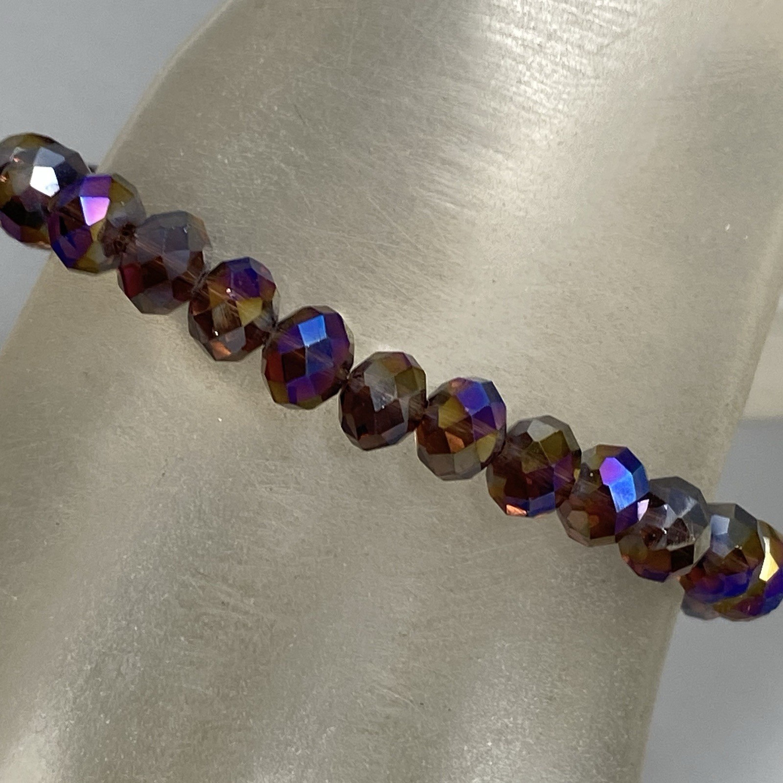 Purple Glass Beaded Bracelet Stretch AB Coated Peacock Oil Slick Faceted 7″