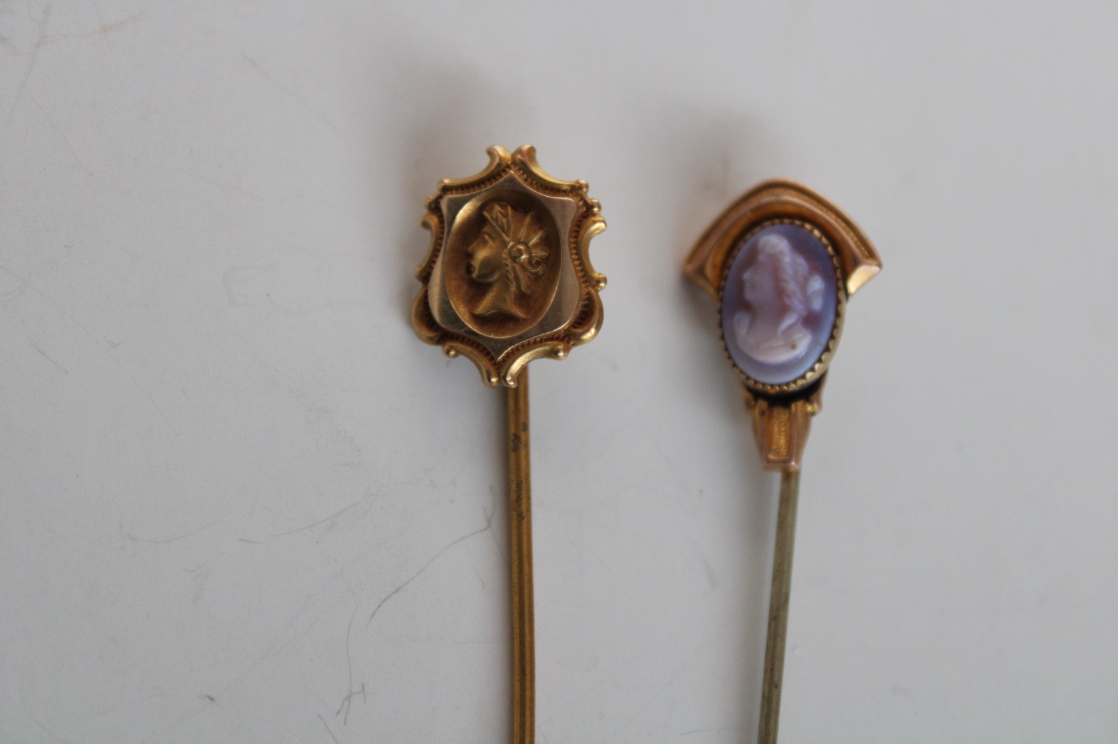 (2) Antique Art Nouveau Cameo & Shield Portrait Stick Pin
