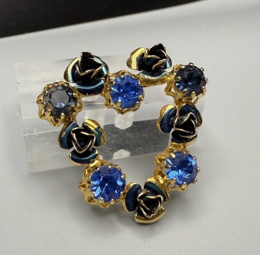 Austrian Brooch Blue Rhinestones Enamel Roses Prong Set Gold Tone Metal VTG