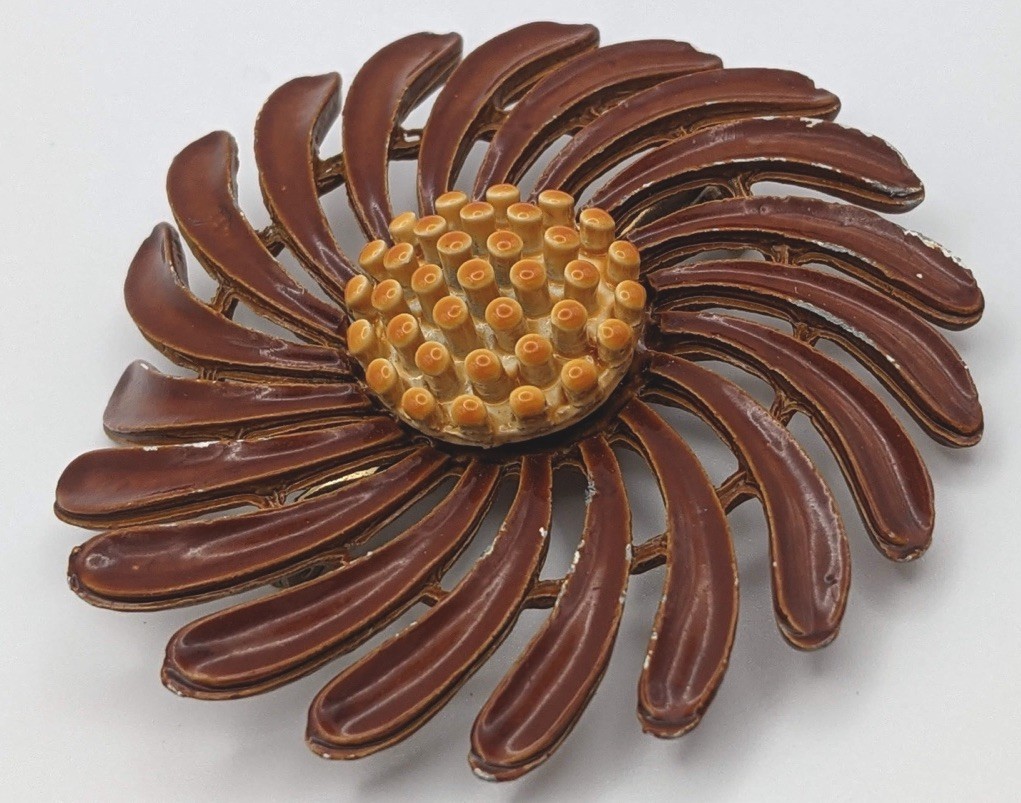 Vintage Enamel Flower Brooch Mod Brown Daisy Sunflower Pin Retro Distressed 2”..
