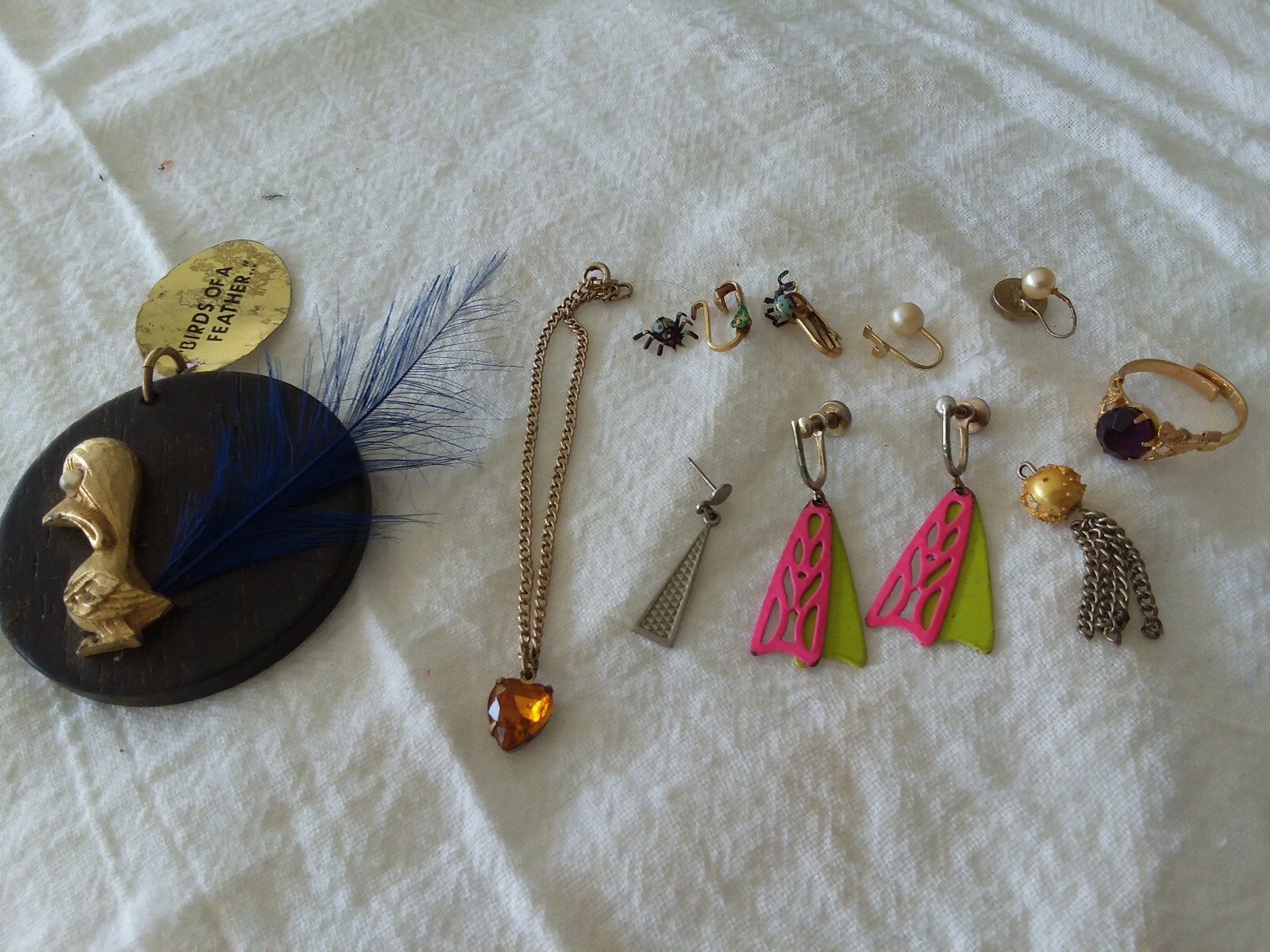 Vintage 60s-80s Earrings florescent pink&yellow/spiders/J/bird/heart bracelet