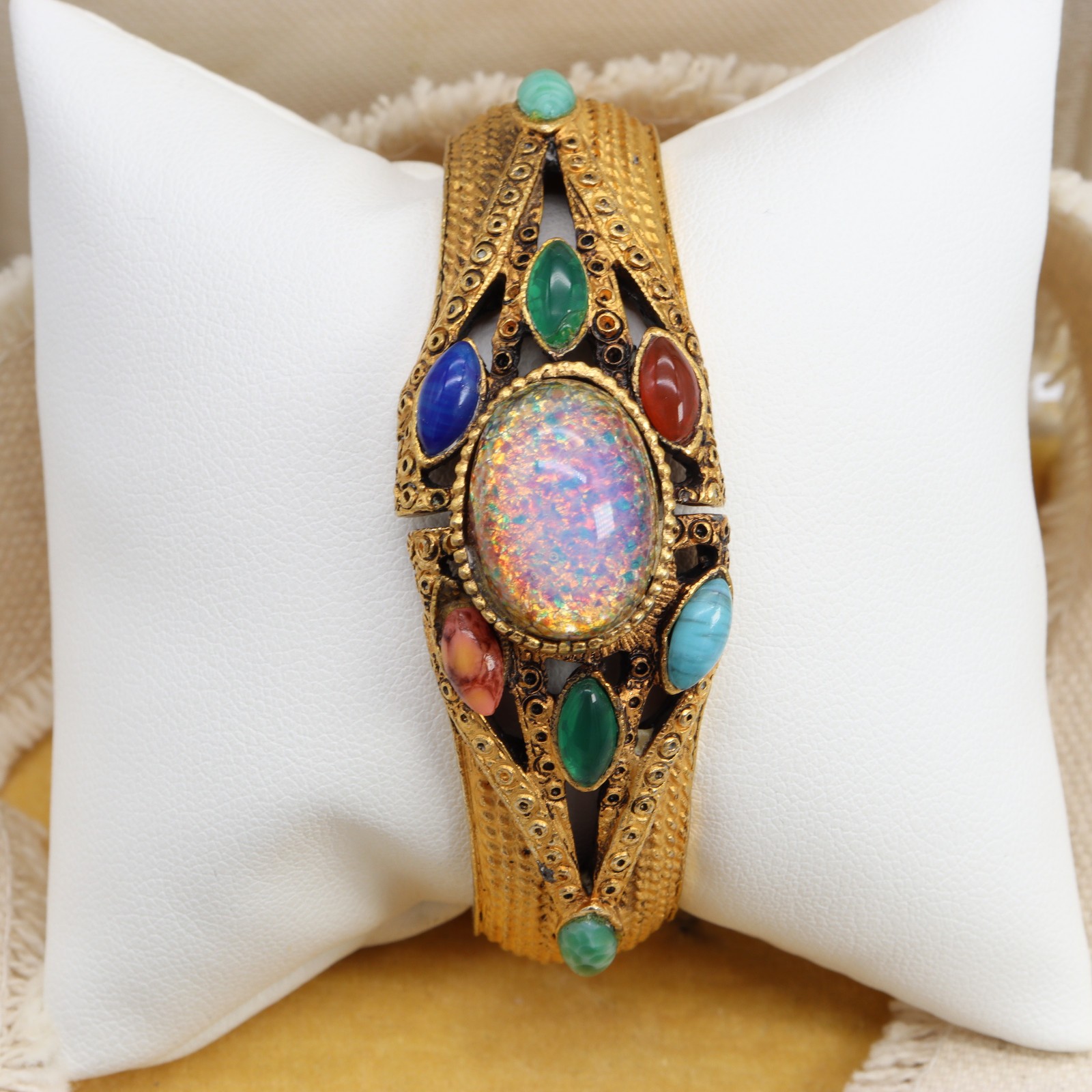 Vtg DESIRE Faux Opal Cabochon Clamper Bracelet Glass Gold Tone Hinged Pink Blue
