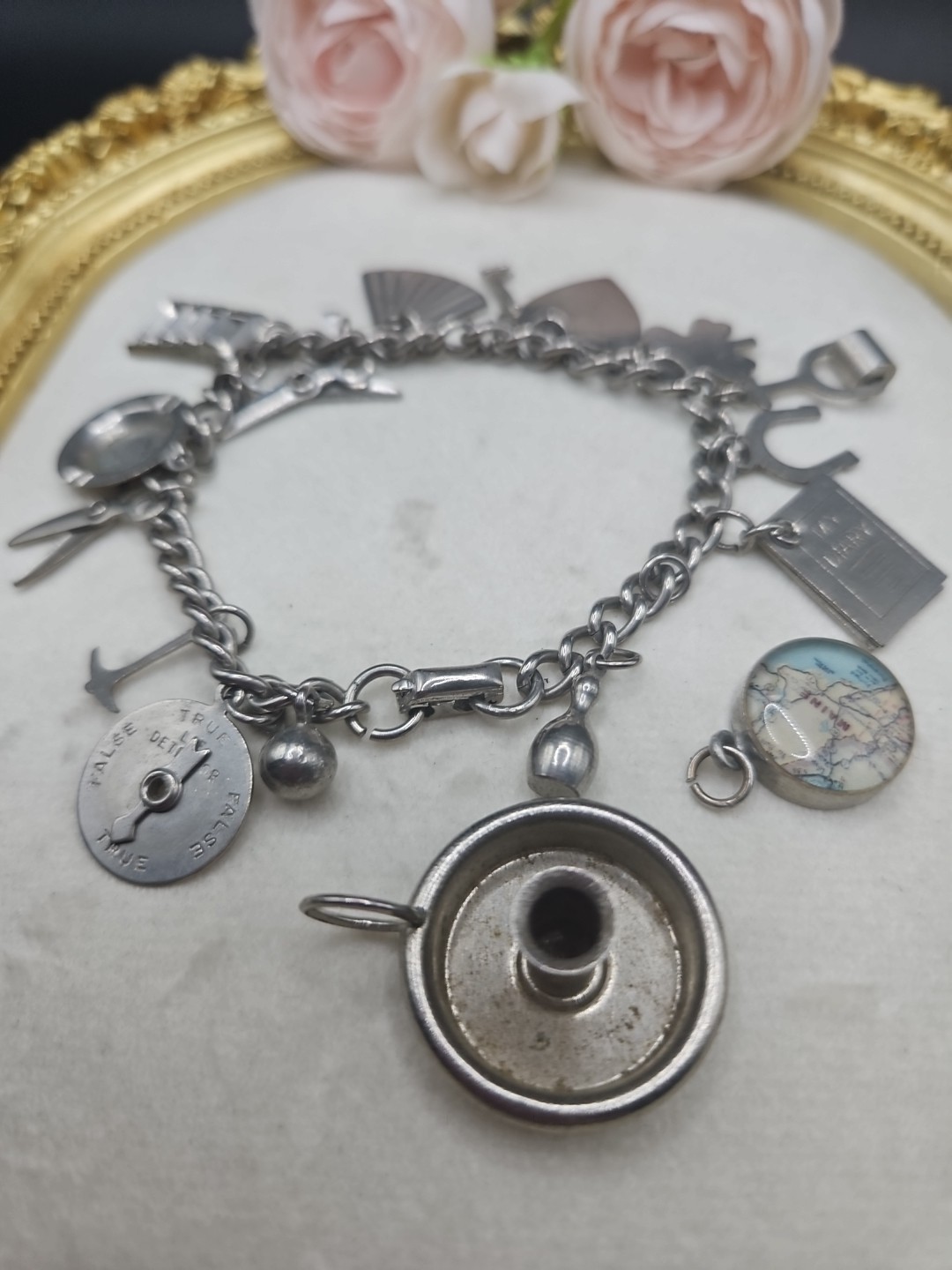 Coro Charm Bracelet Silvertone Vintage 7.25 In 70s 80s Truth Spinner Scissors