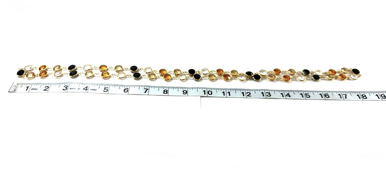 Long Gold Tone Station Necklace Amber Black Clear Faceted Crystal Bezel Set 36”