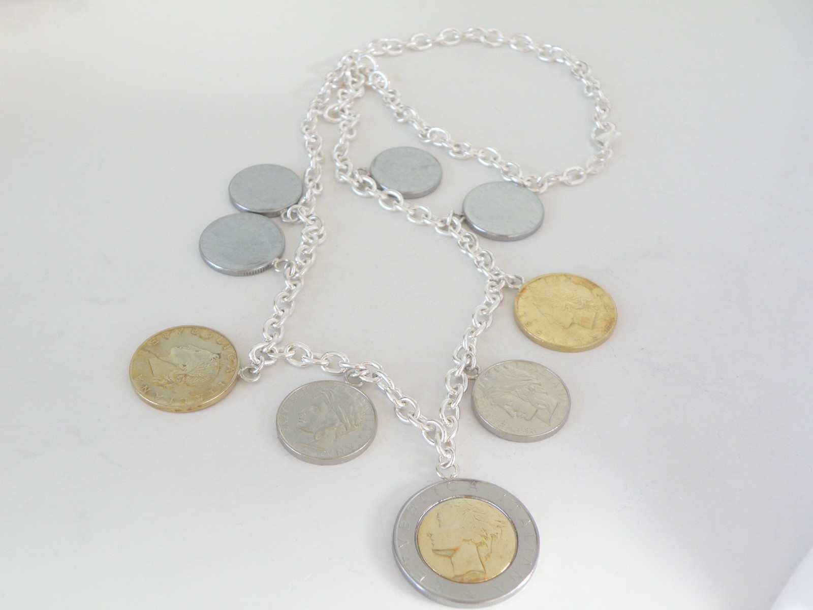 Milor Italy Sterling Silver 925 Italian Coin Charm Rolo Link Heavy Necklace 20″