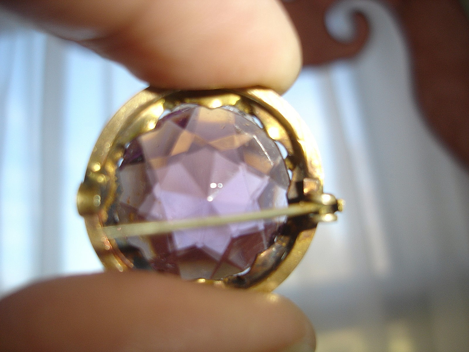 Antique C-Clasp Amethyst Faceted Glass Open Back 1 Inch Round Pin Brooch