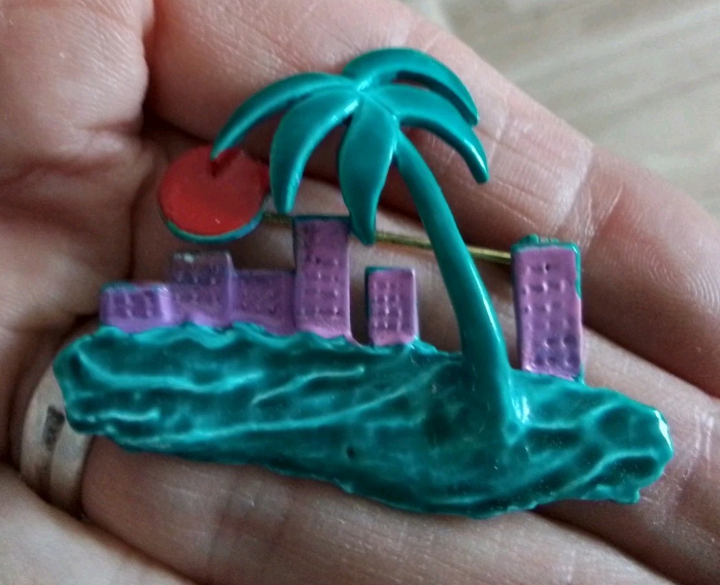 1978 RARE Vintage Guilloche Enamel Tropical Pin Palm Tree “Moon over Miami”