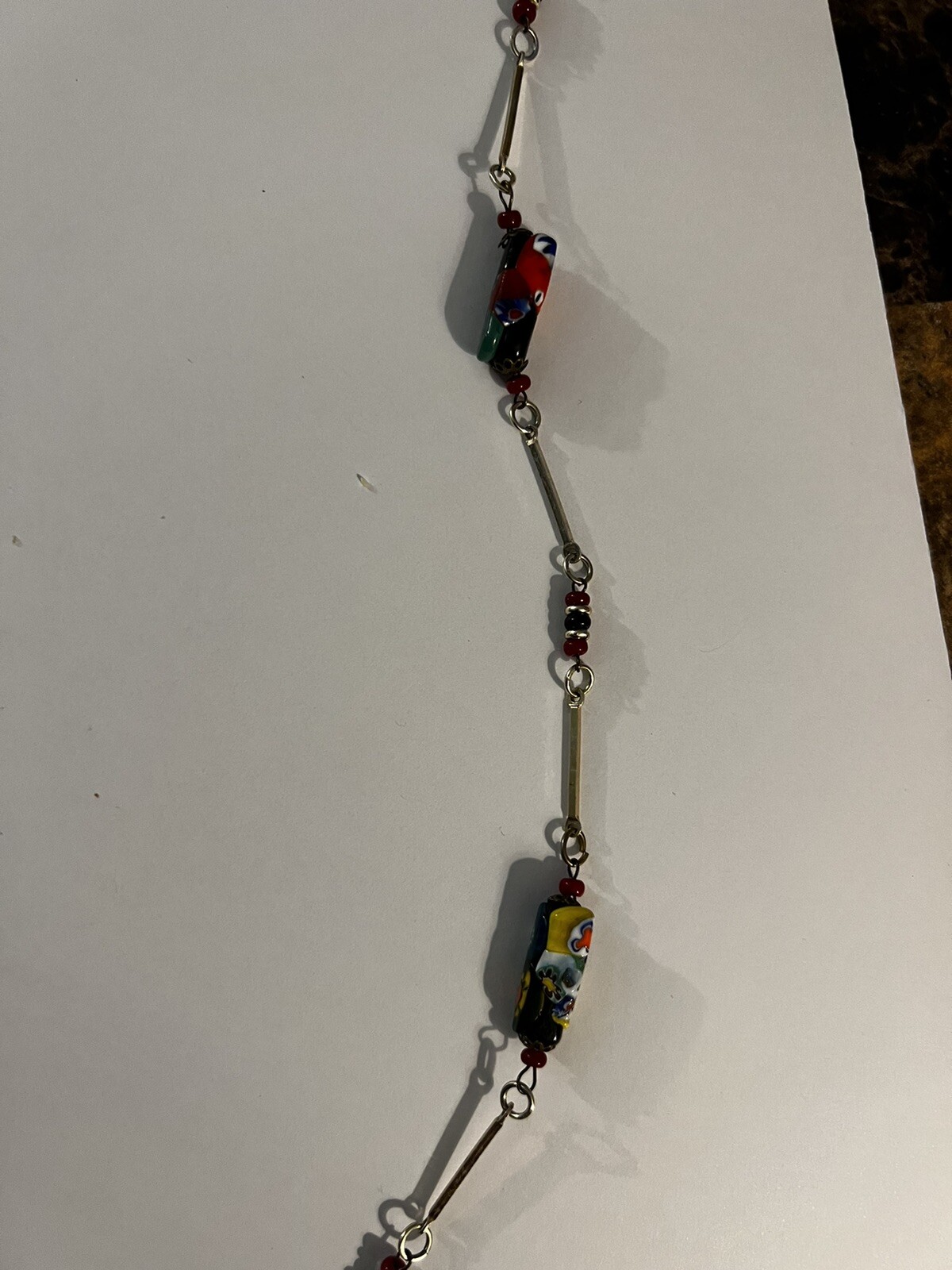 Vintage Rectangular Millefiori Bead & Gold Tone Bar Link Chain Station Necklace