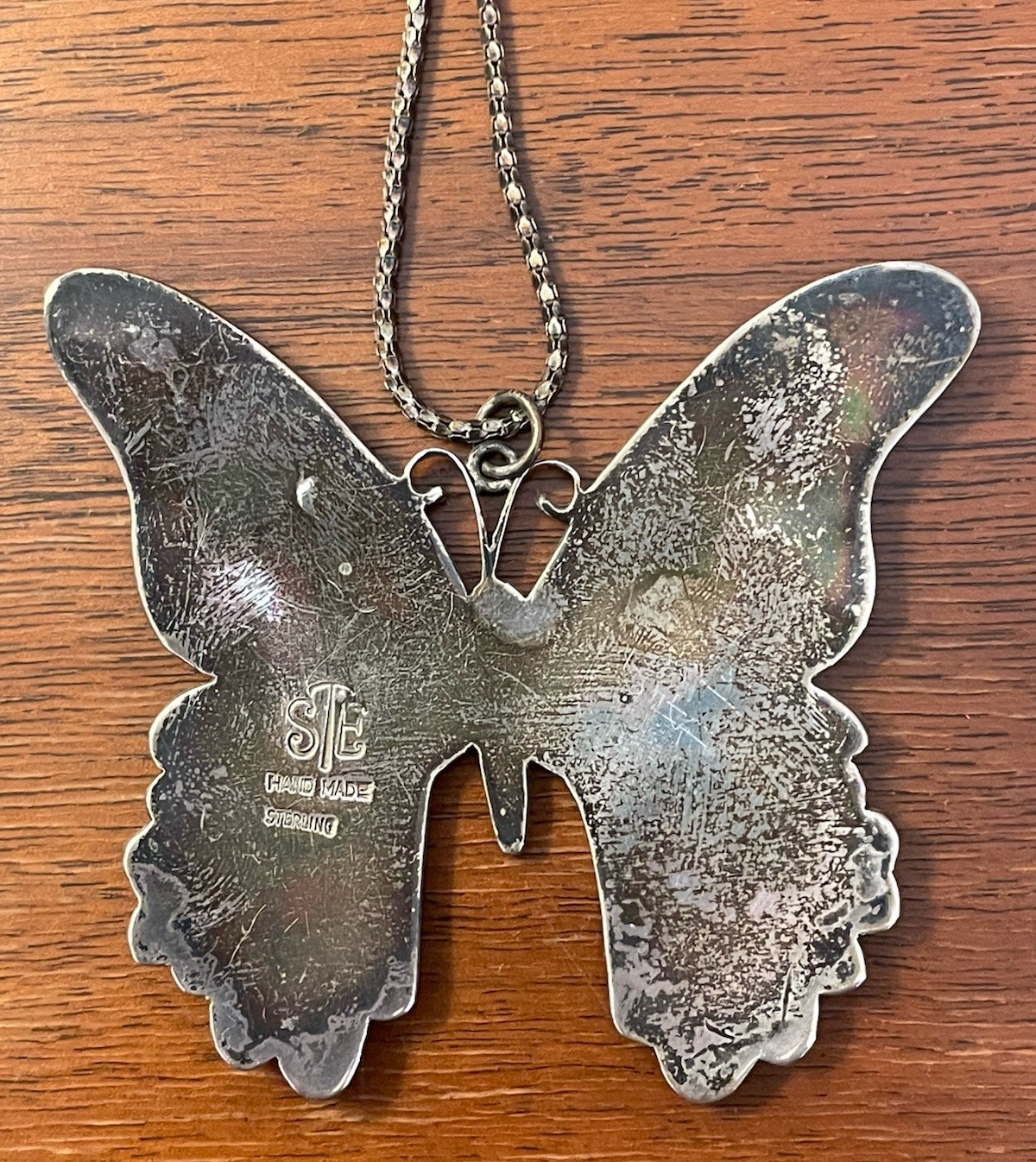 Vintage Sterling Silver Large Butterfly Inlay Turquoise Pendant & Necklace