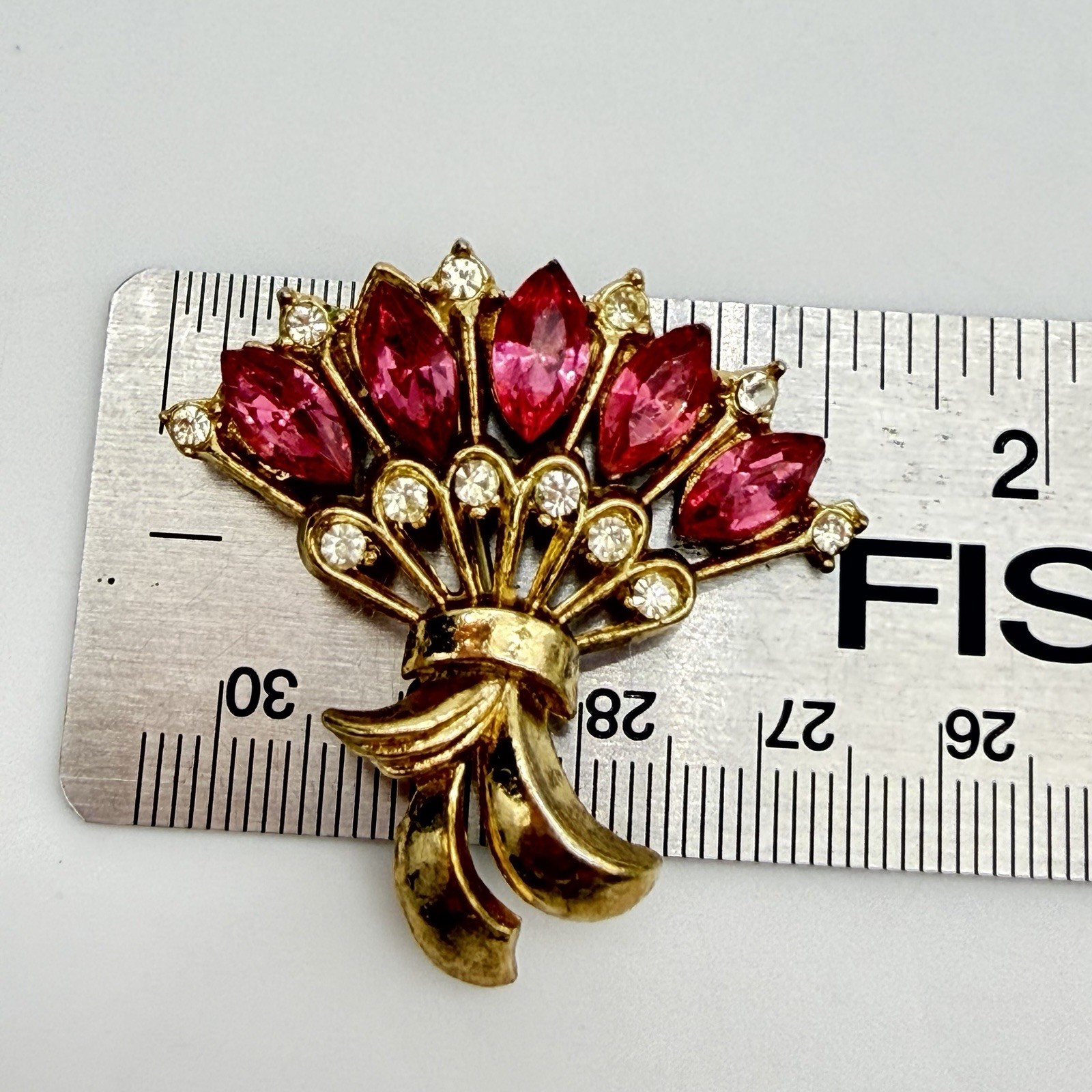 Vintage Rhinestone Brooch Pin Pink Navette Fan Flower Bouquet Retro