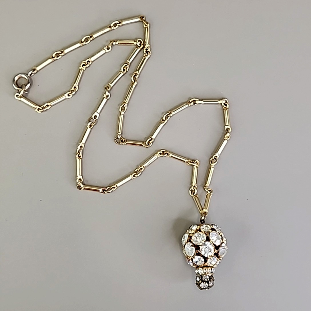 Vintage Rhinestone Ball Necklace Gold Tone Bar Link Chain 19″