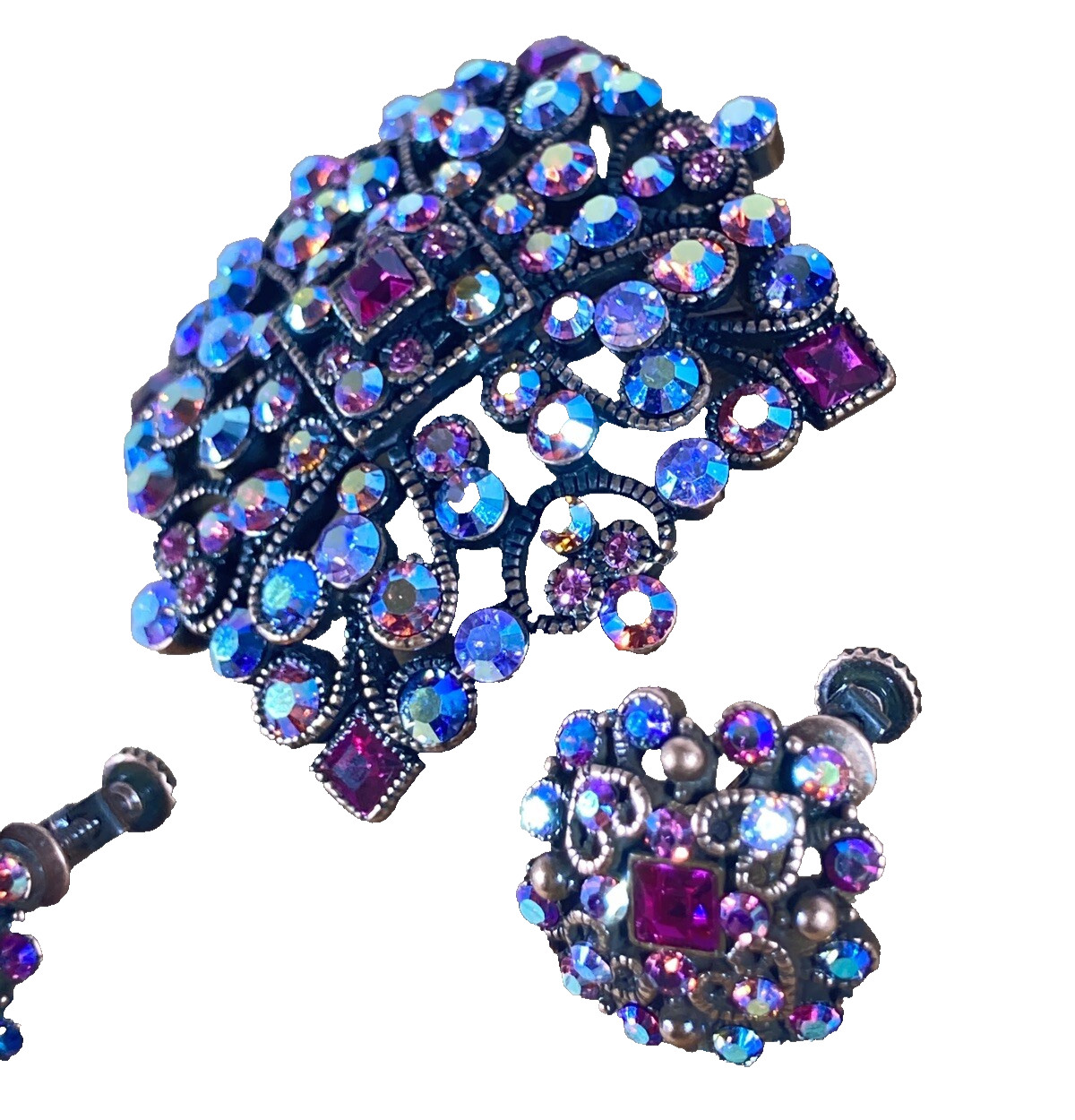 Joan Rivers Signed Square Bronze Magenta Blue Pink Rhinestone Brooch Earrings