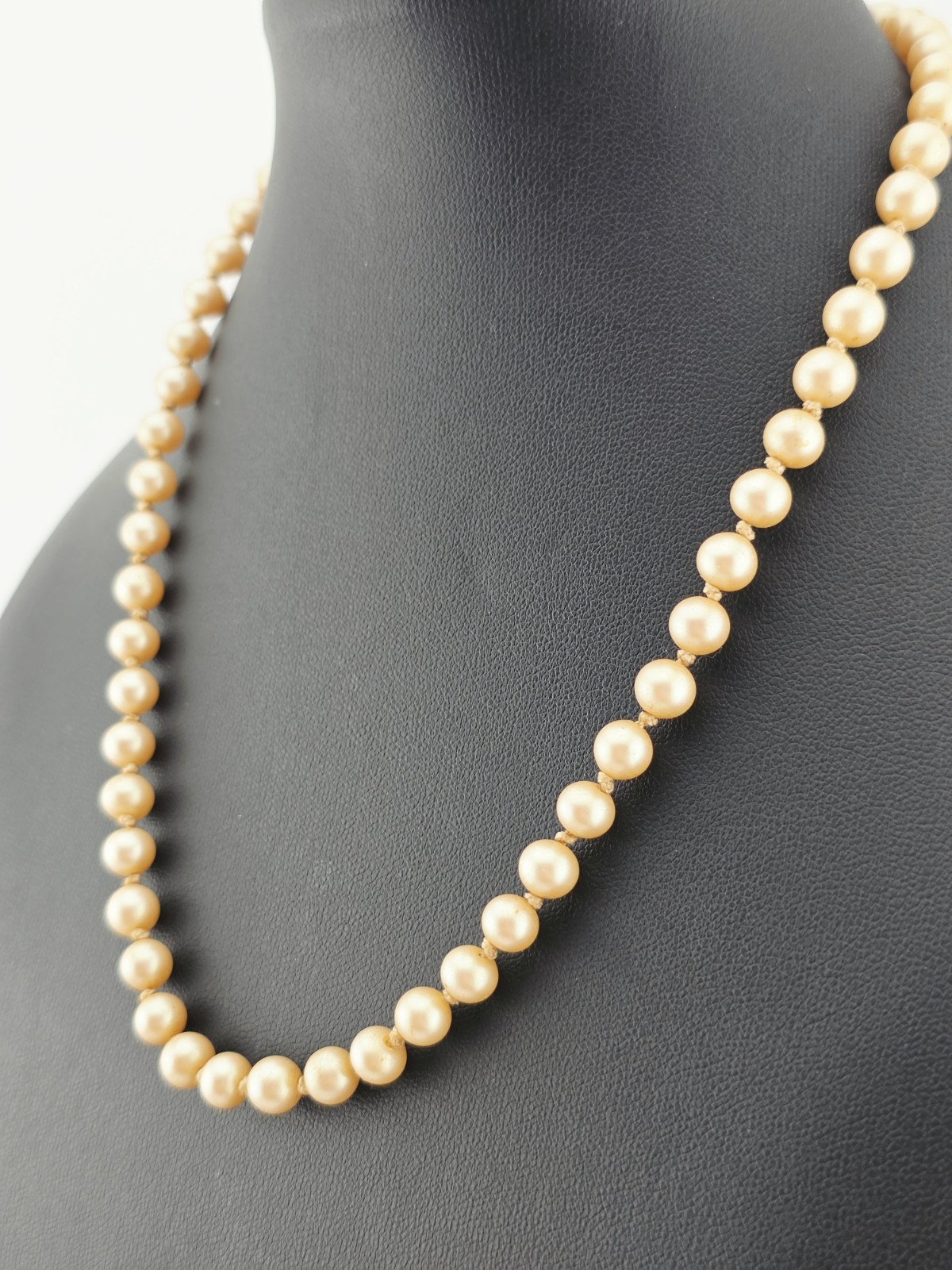 ​Vintage Hand Knotted Glass Pearl Necklace Sterling Silver Filigree Clasp 16″